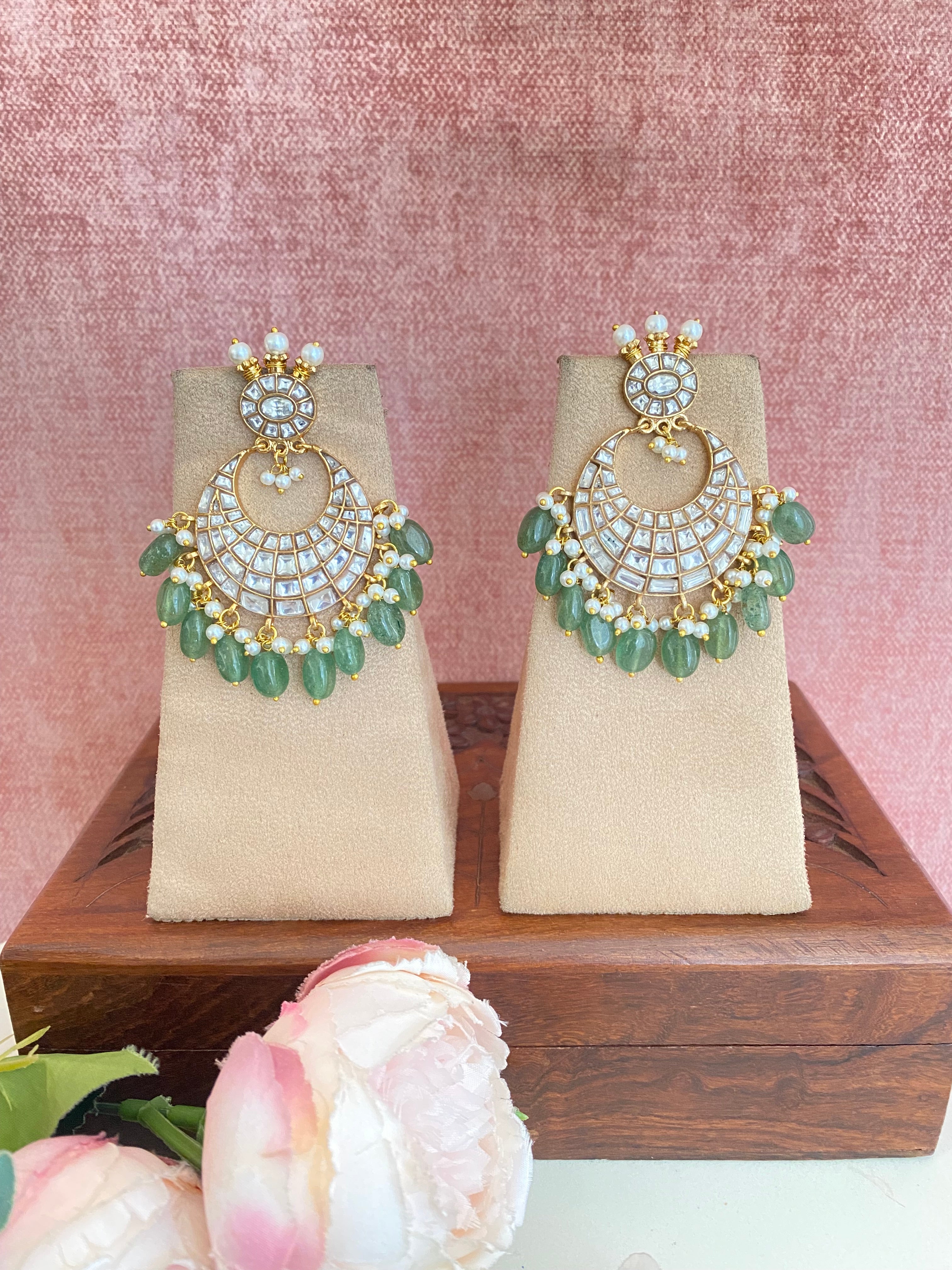 Gold Plated Kundan Earring in Mint drops