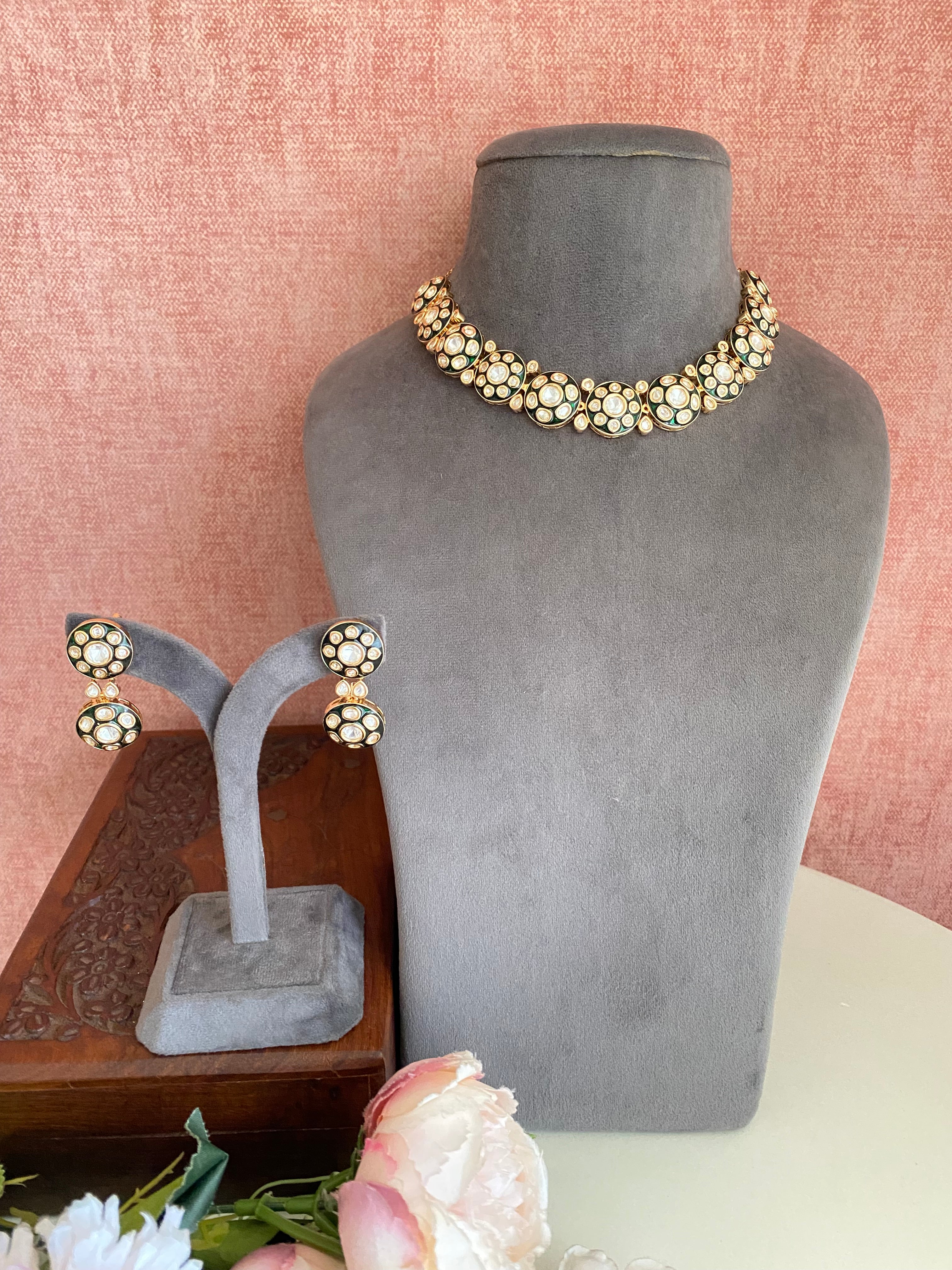 Gold plated Green Meena Necklace set