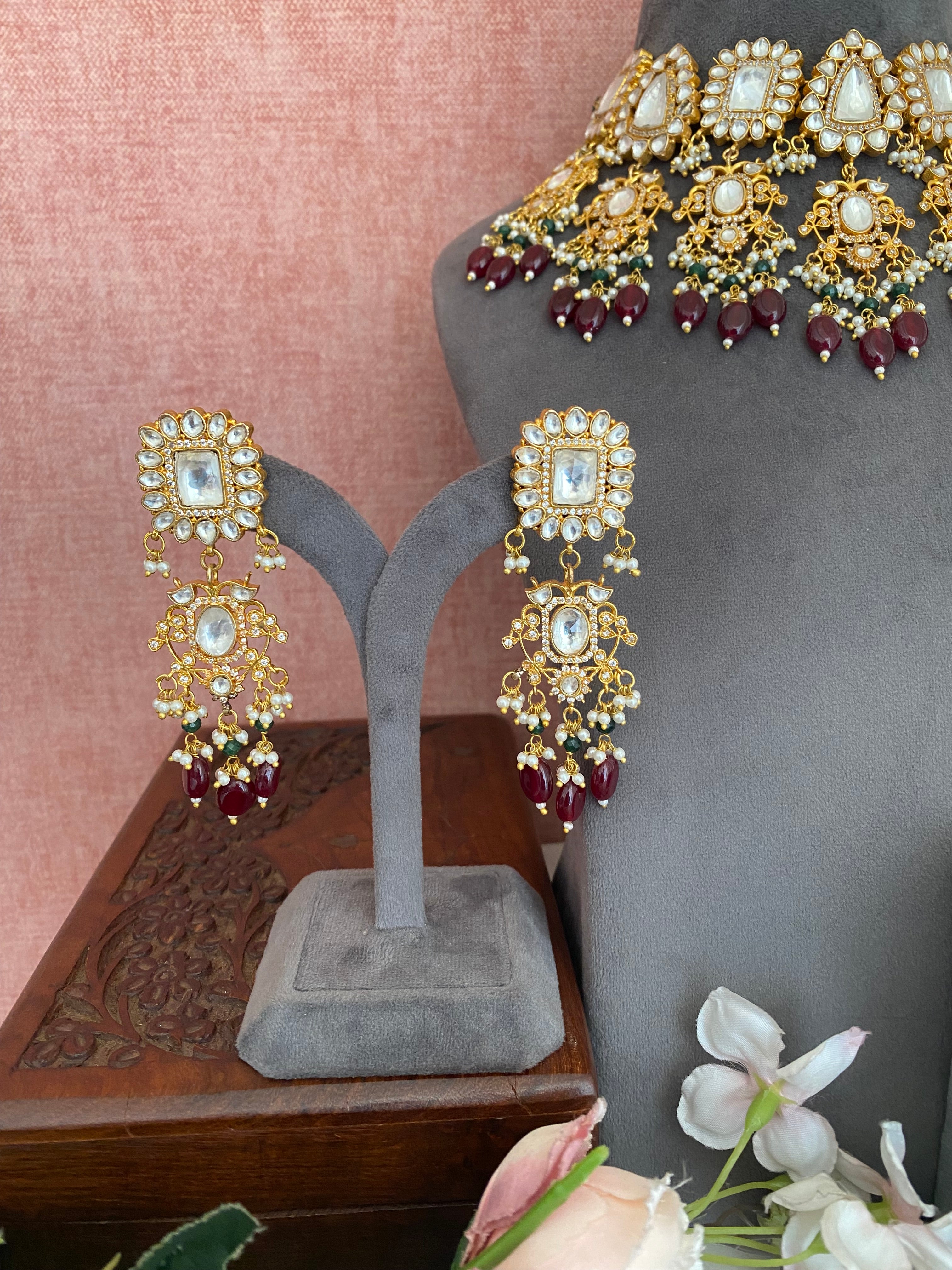 Kundan Bridal Necklace set in maroon drops