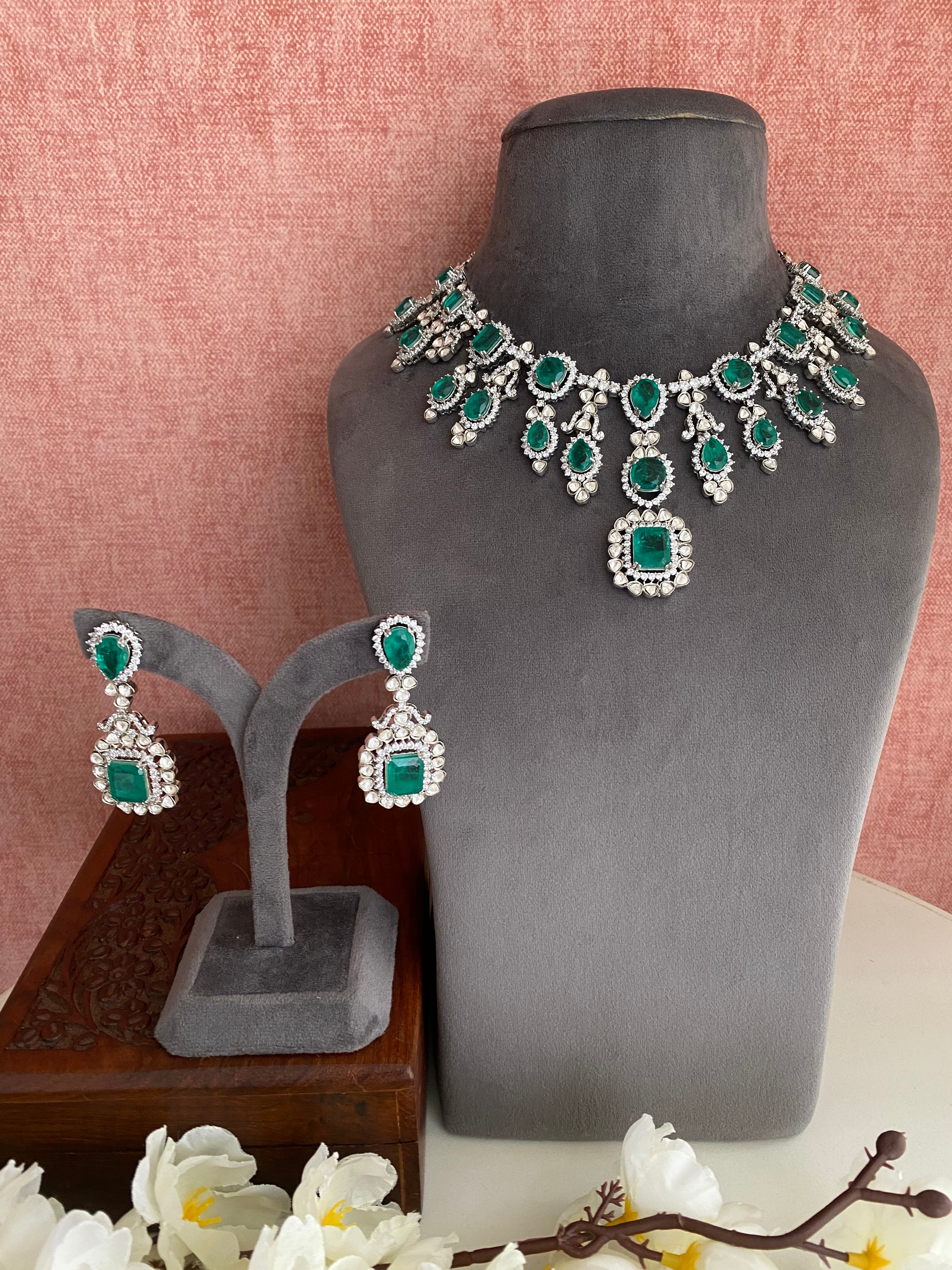 Silver Plated Emerald Diamond Necklace set