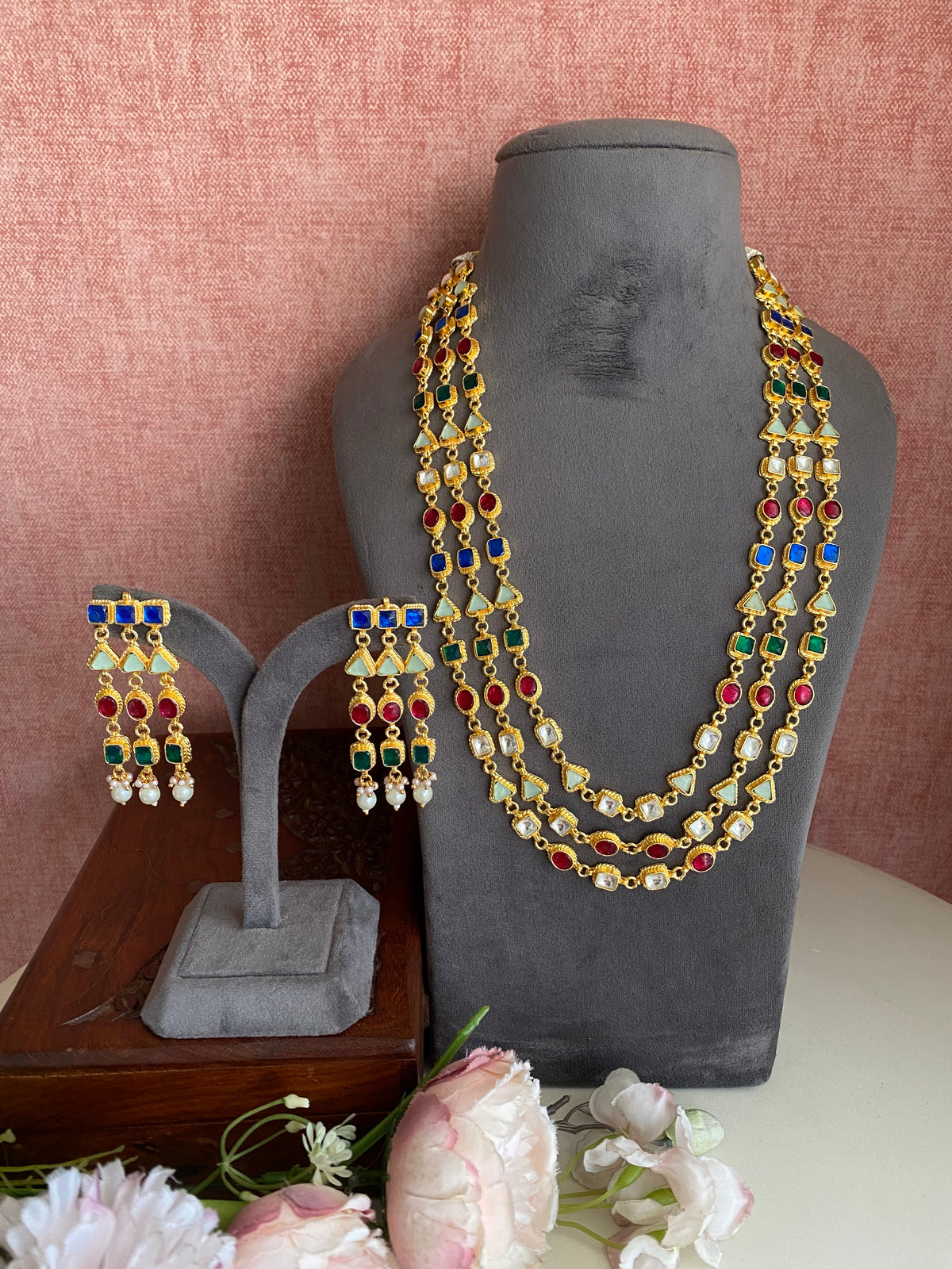 Multi colour kundan long necklace set