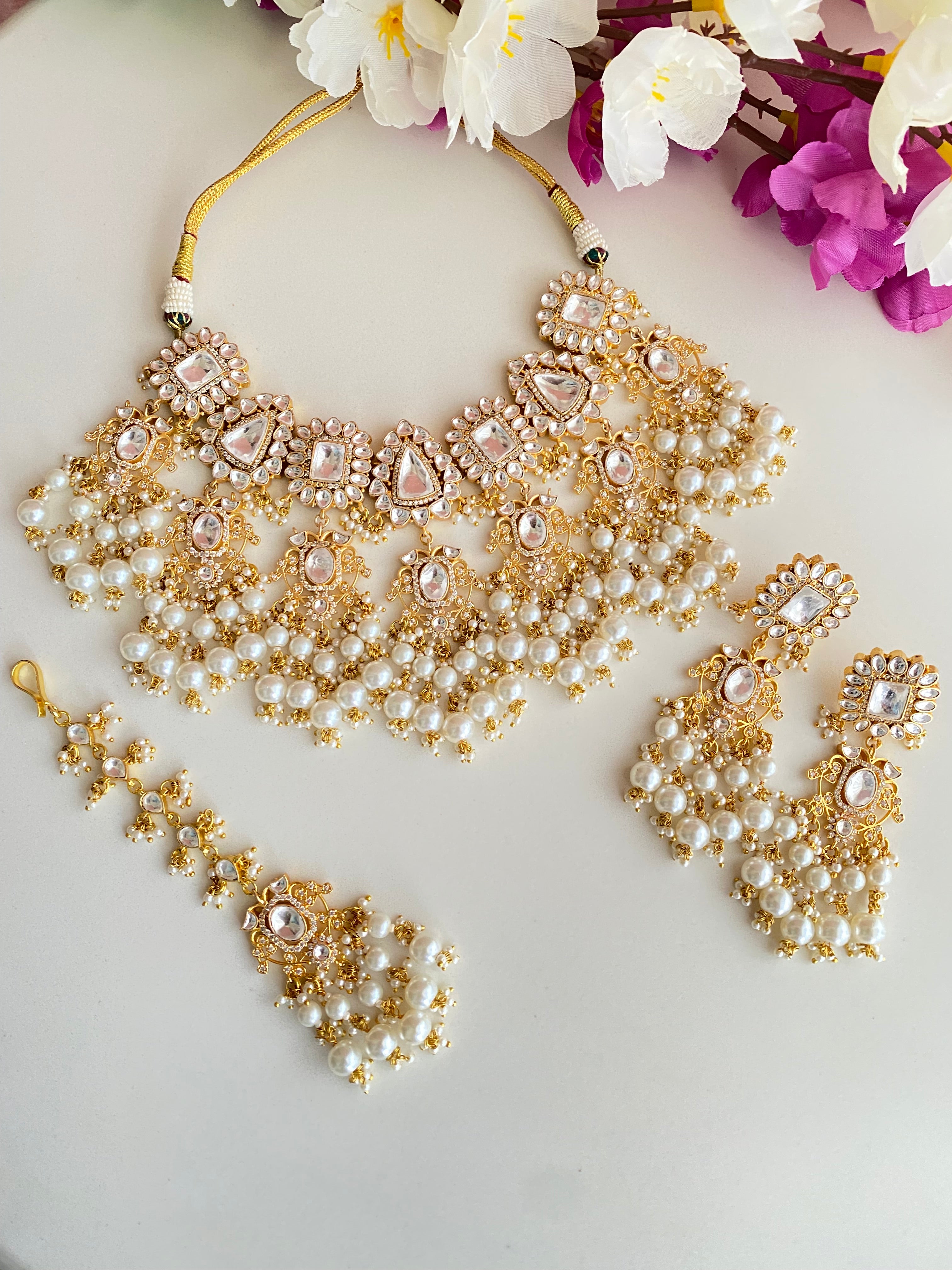 Kundan Bridal Necklace set in pearl drops
