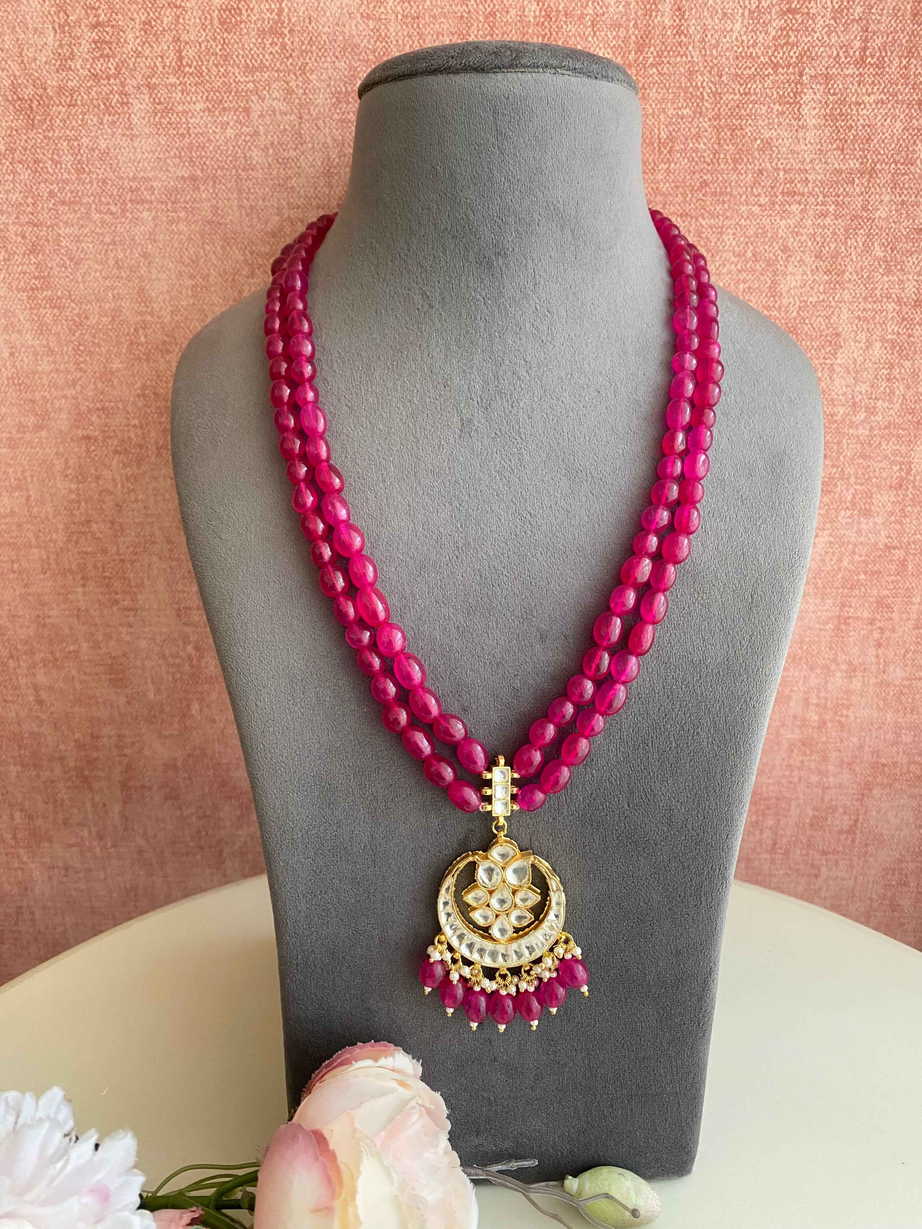 Gold plated Kundan Necklace in Pink Drops