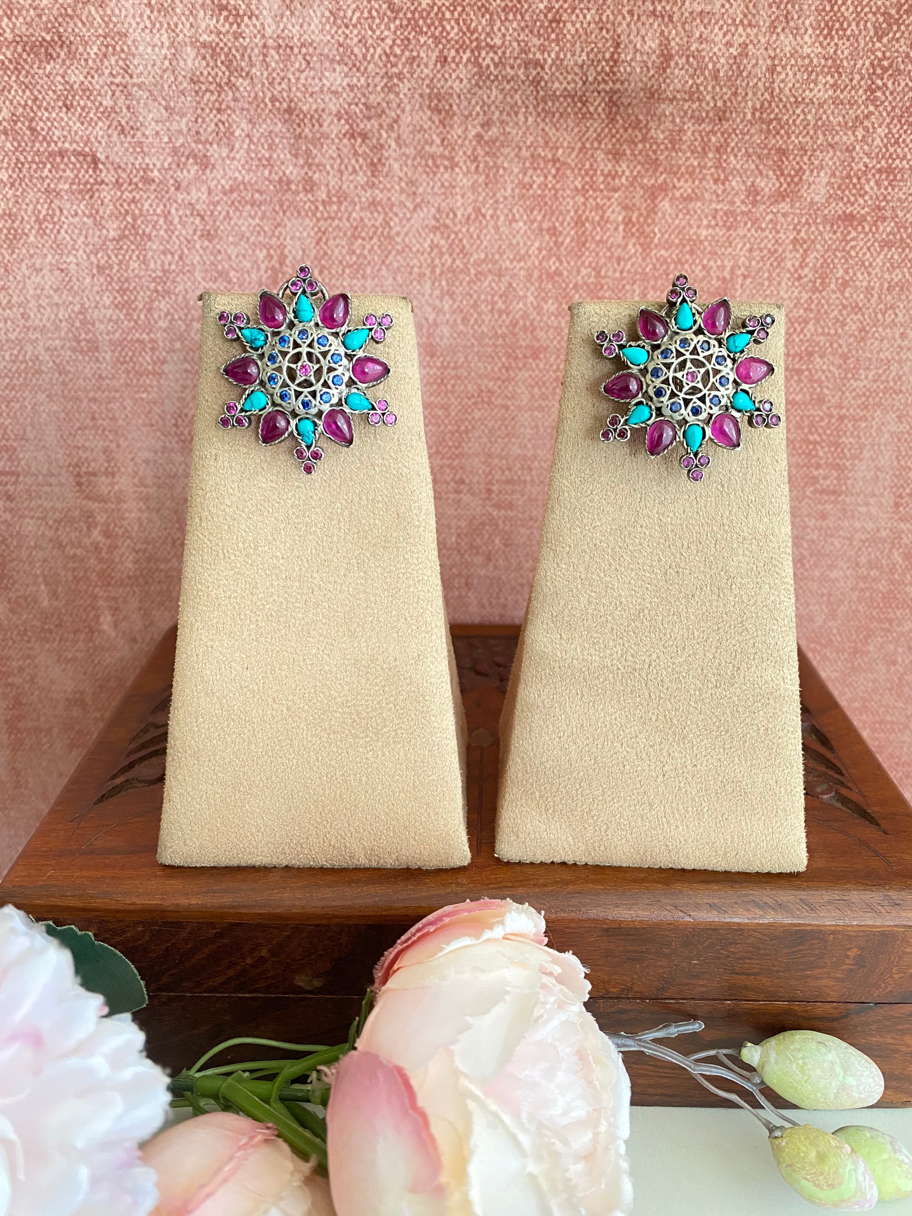 Silver plated Kundan Floral Studs