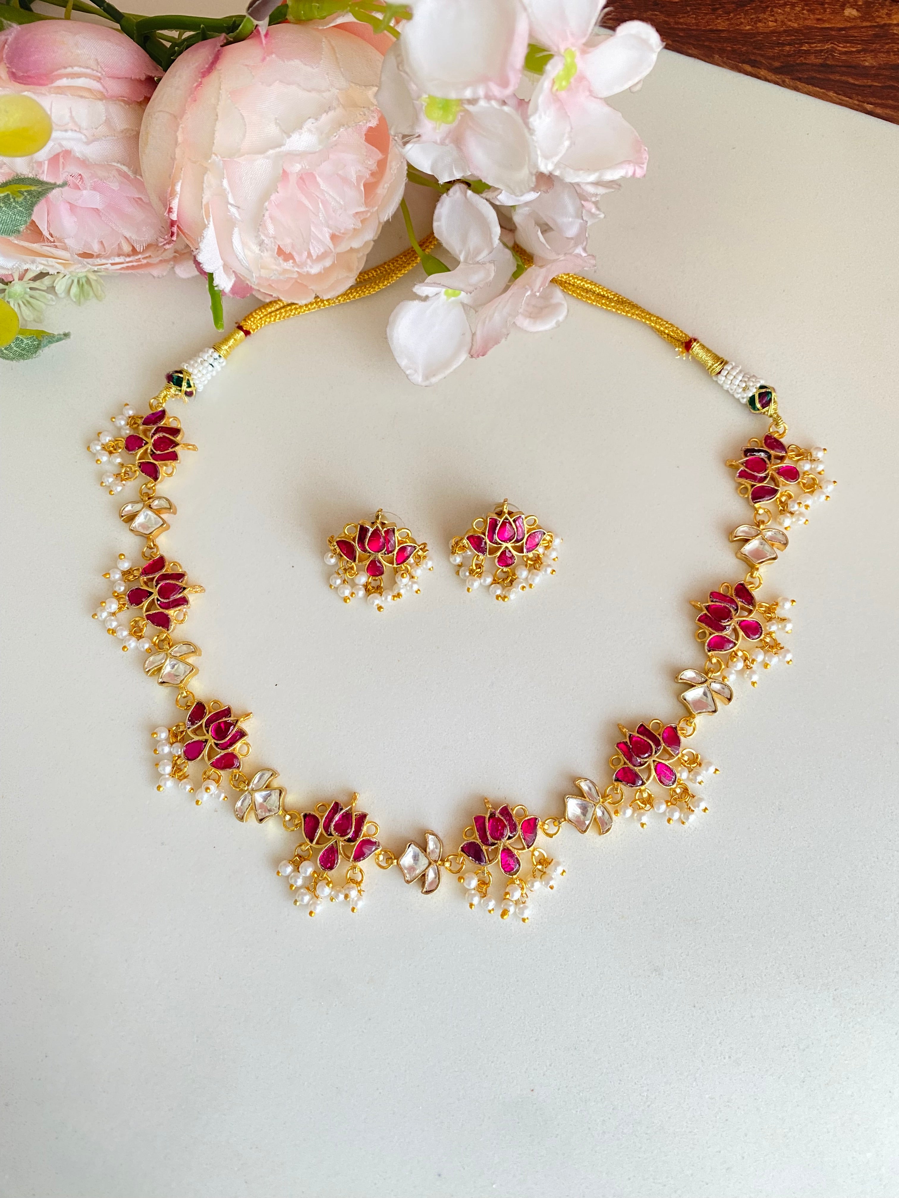 Gold Plated Pink Kundan Necklace Set