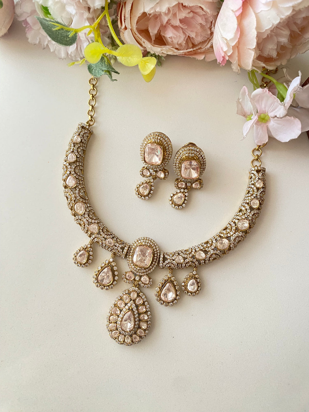Moissanite Victorian finish Polki Necklace Set