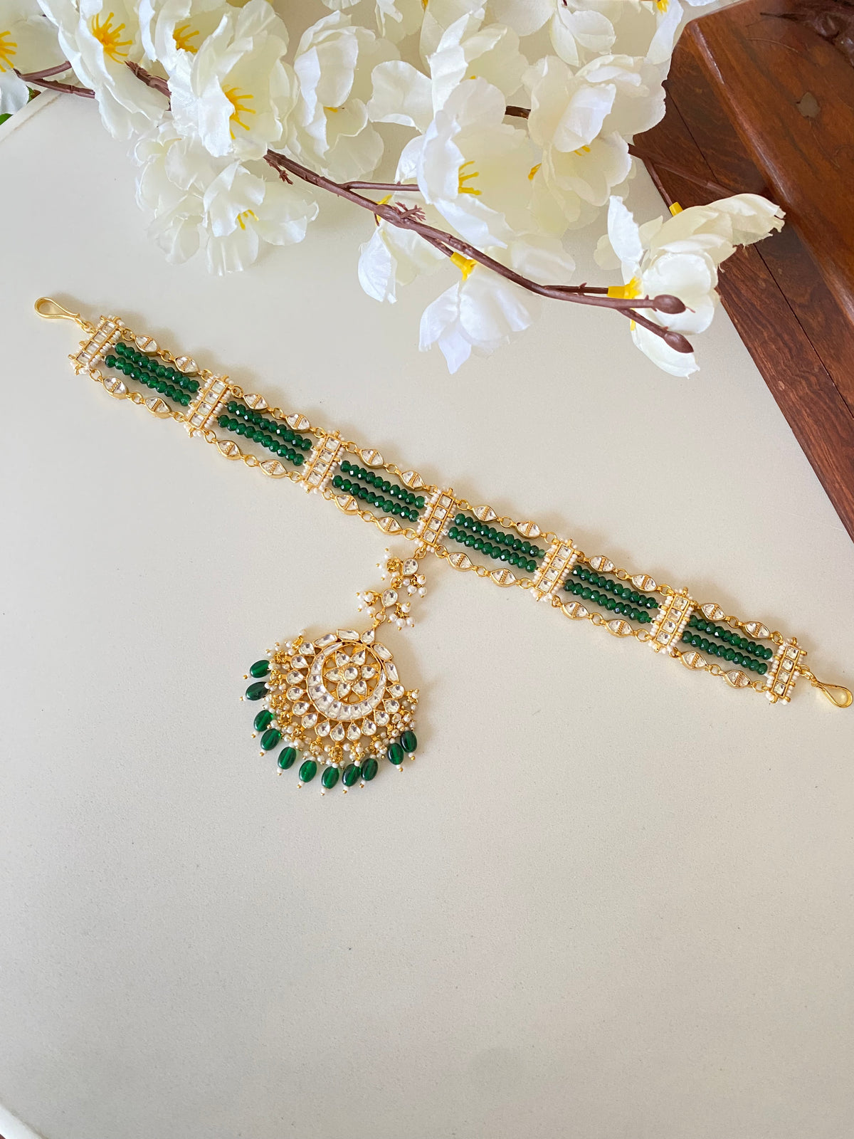 Gold Plated Kundan green sheeshpatti with tikka