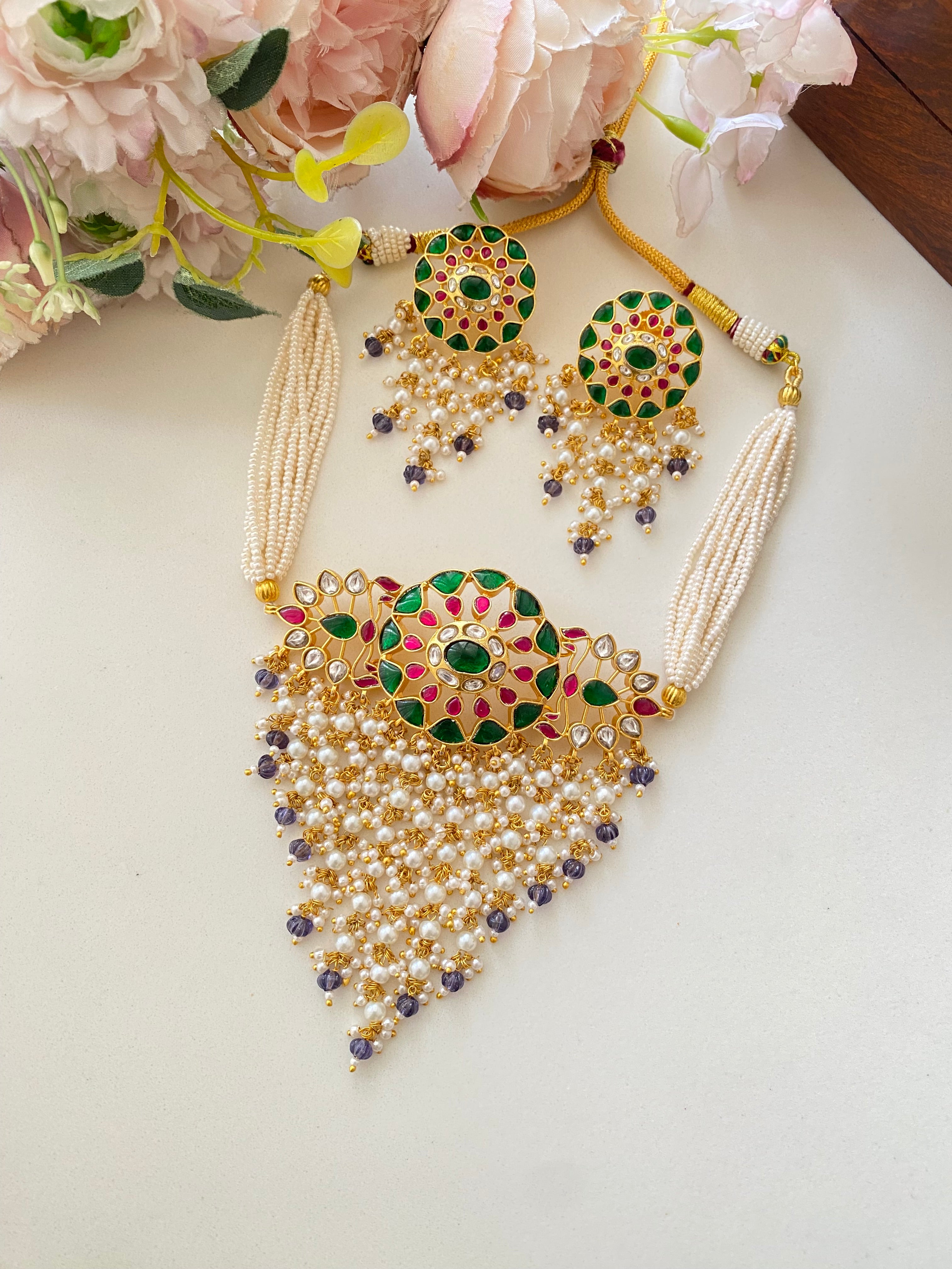 Kundan Colored Choker Set in Mint Drops