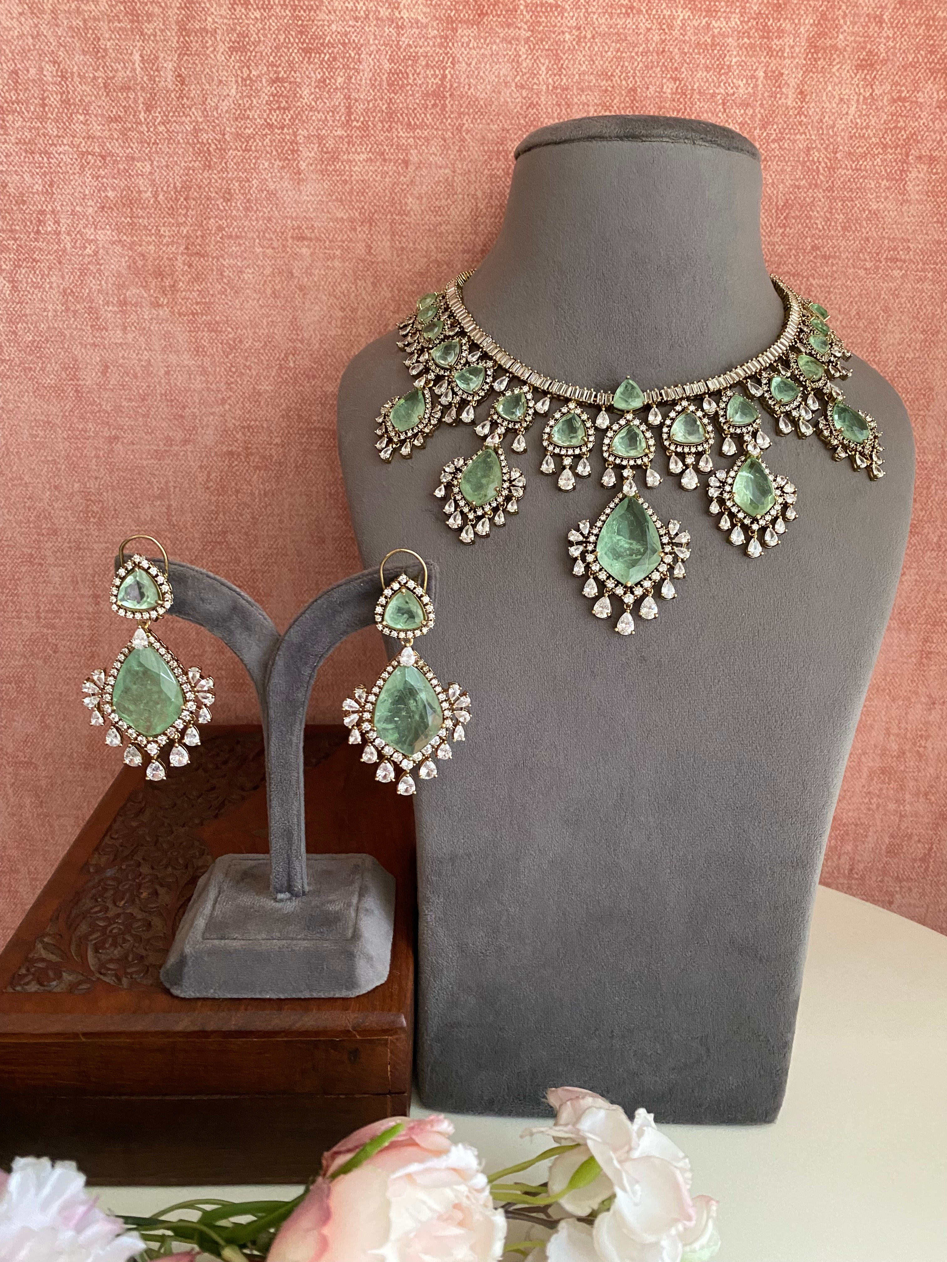 Mint Stone and Diamond Necklace set