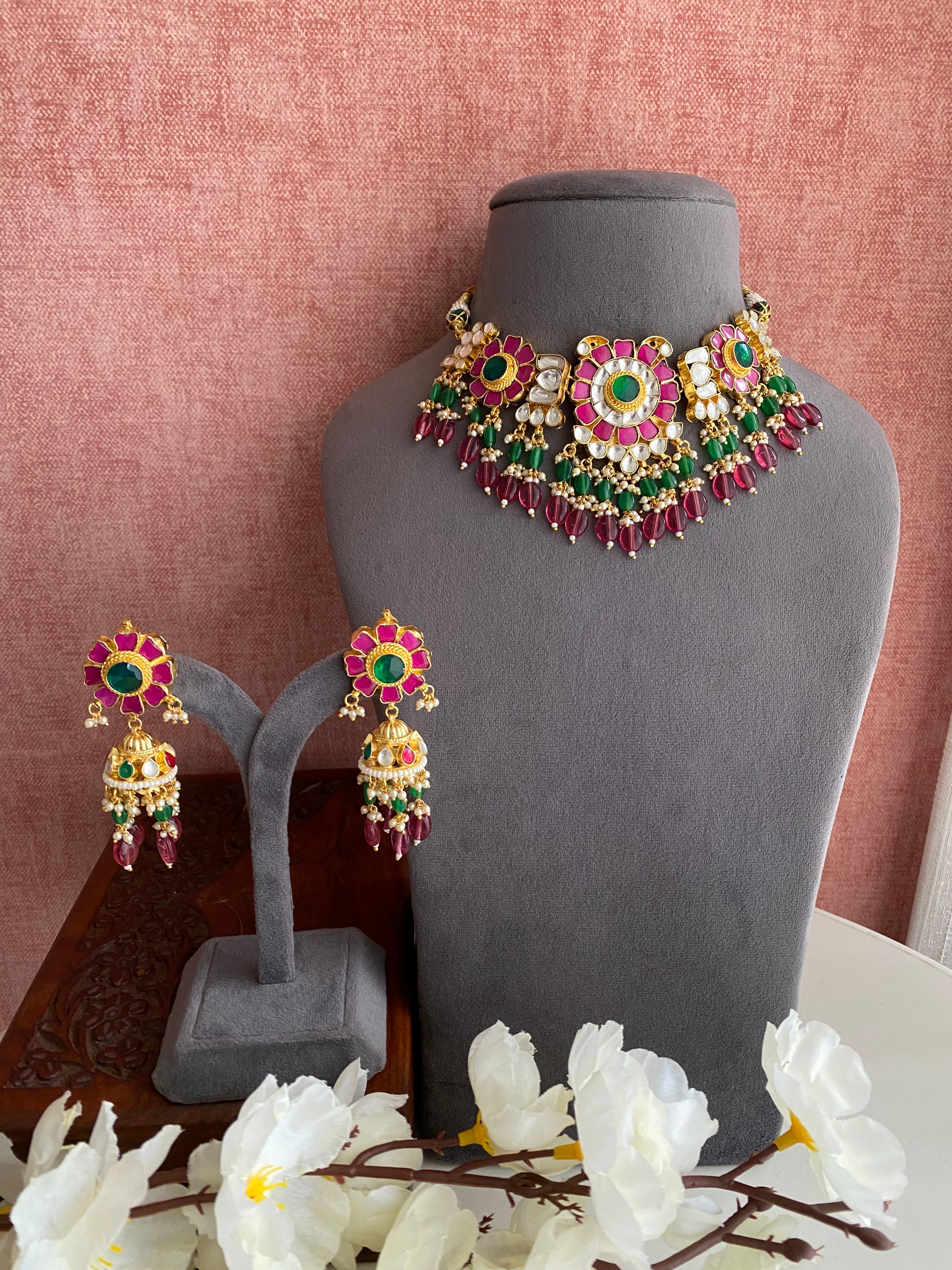 Floral Gold plated Pink Kundan Necklace Set