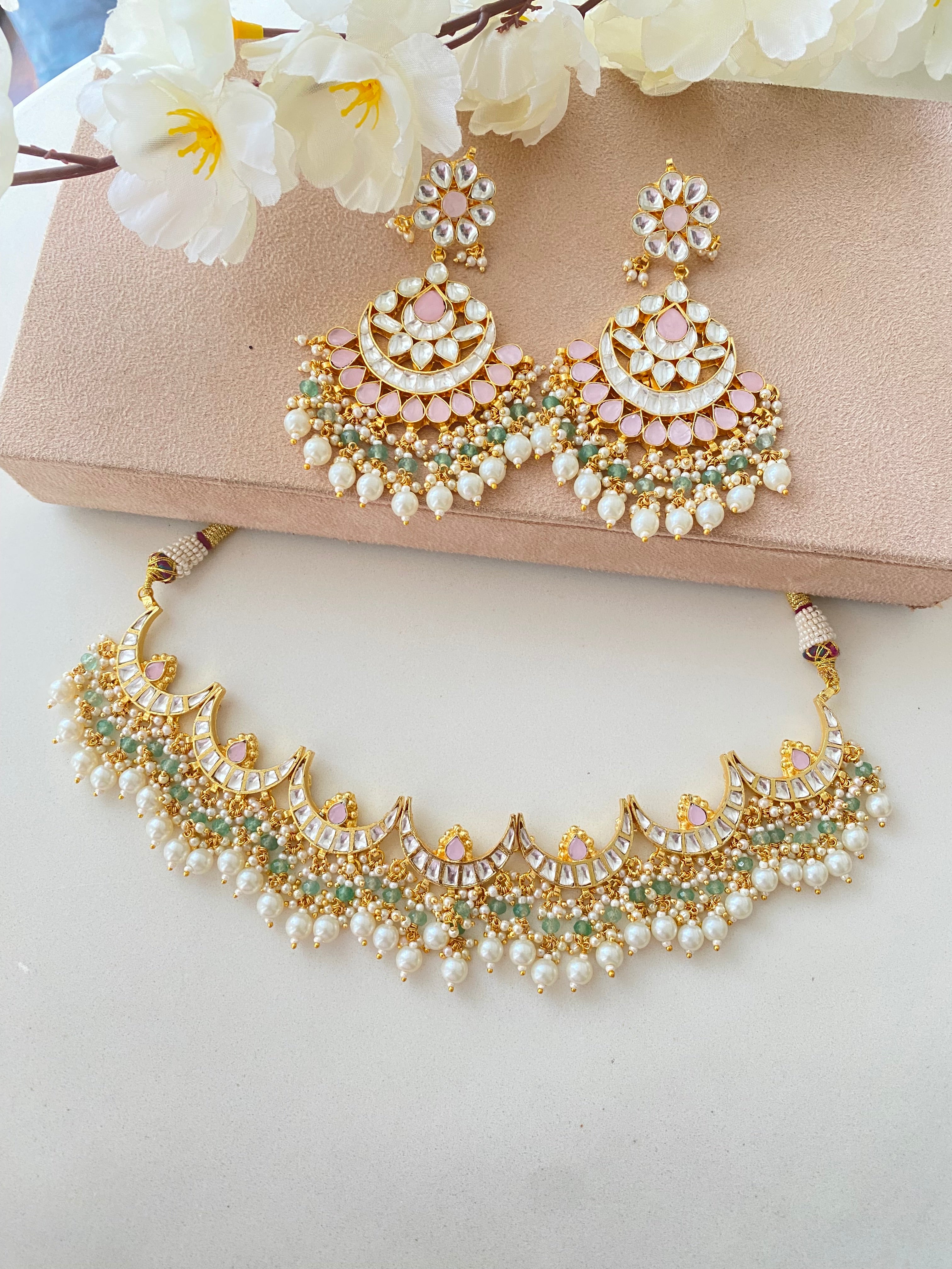 Gold plated Pink stone Kundan Choker Set