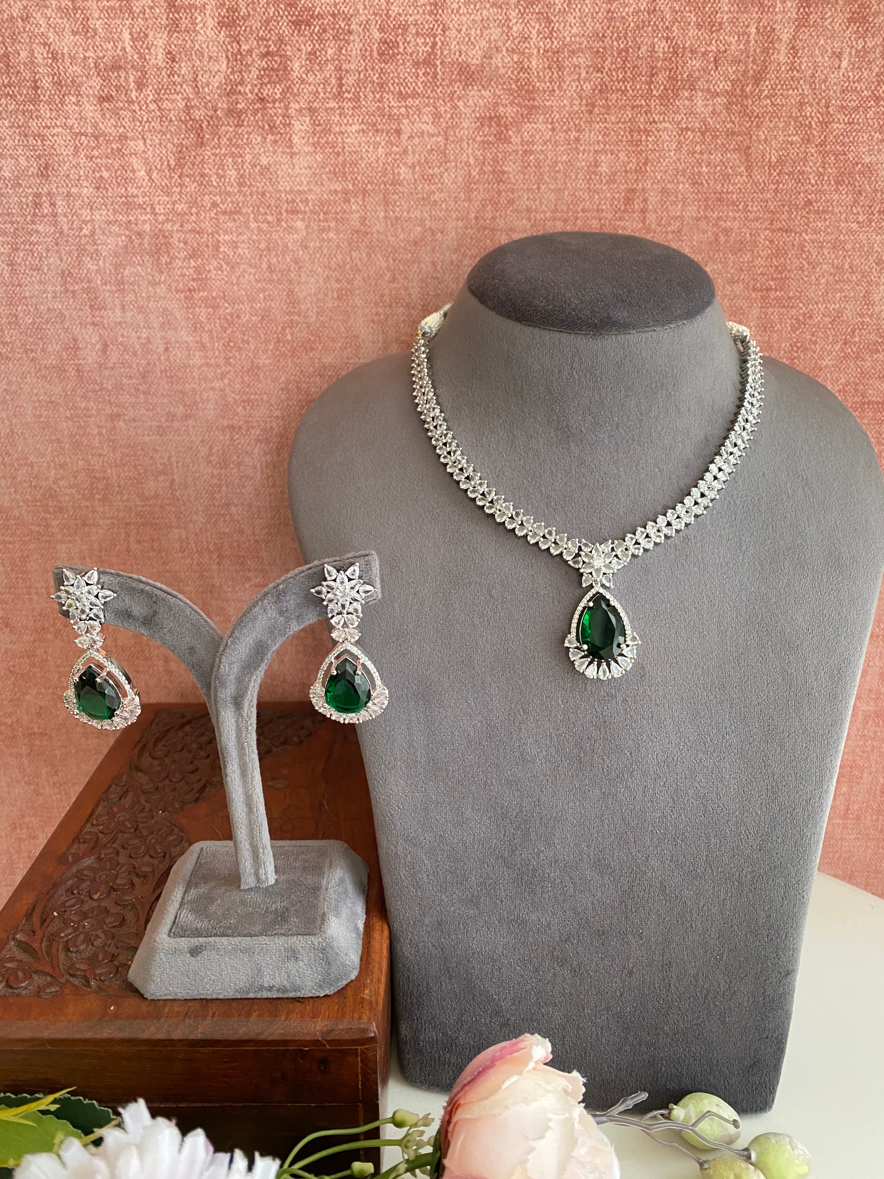 Silver Plated  Diamond Long Necklace set