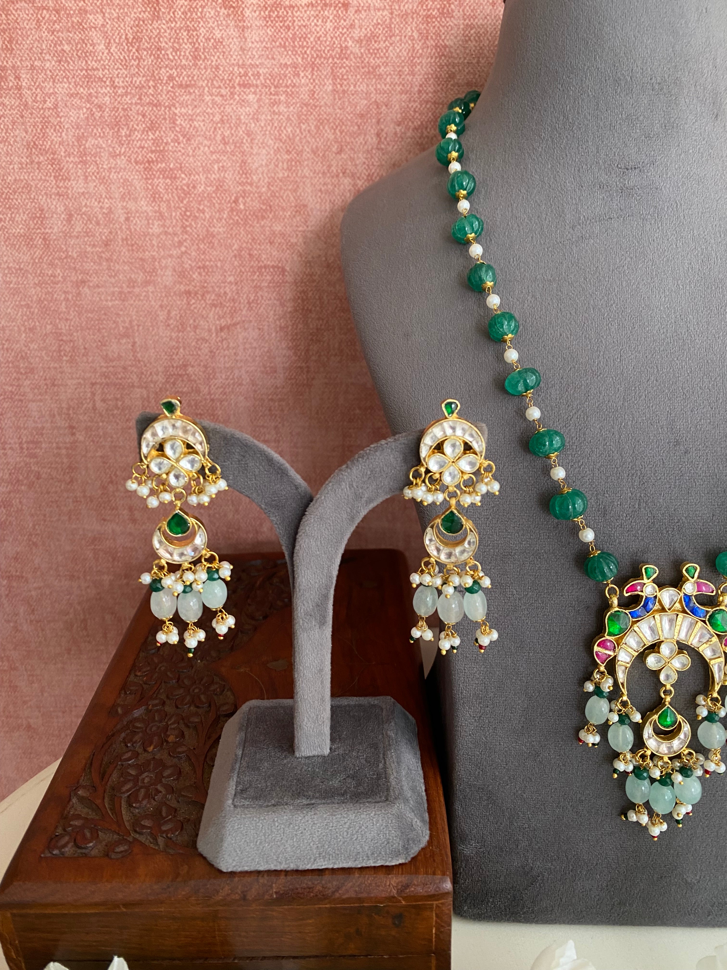 Gold Plated Kundan Long Necklace Set In Mint Drops