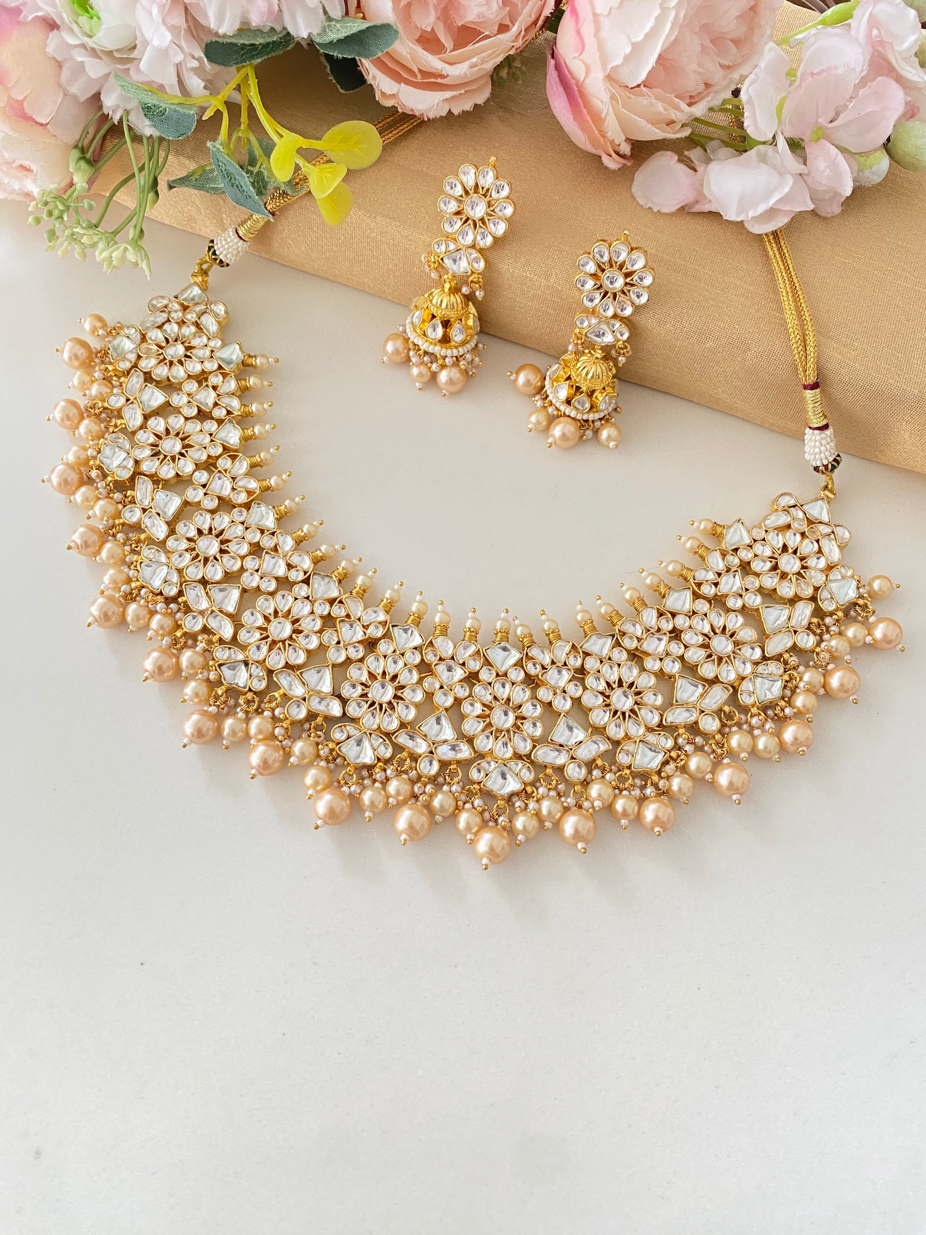 Kundan Gold plated Bridal Necklace Set in pearl