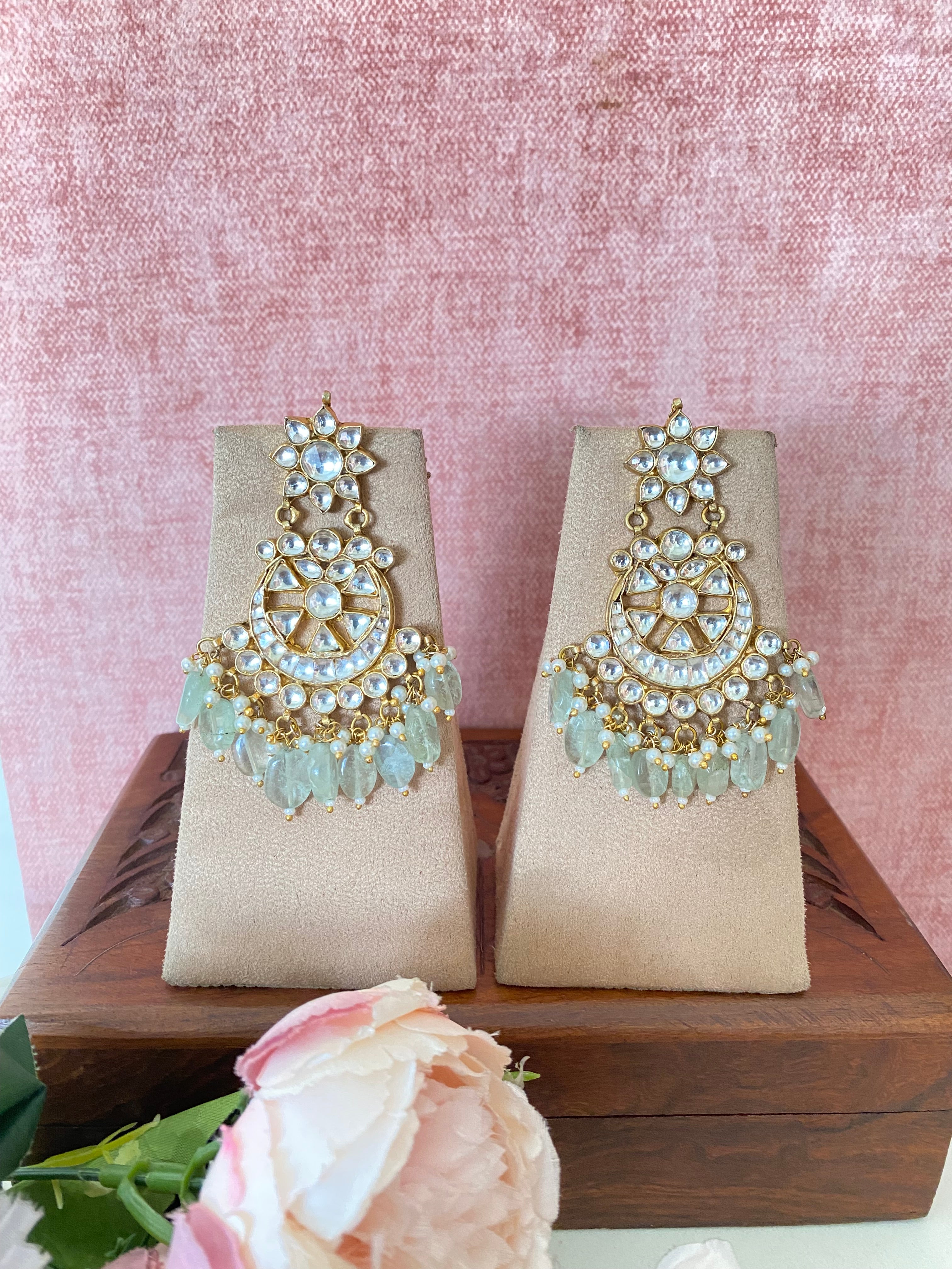 Gold Plated Kundan Earring in Mint drops