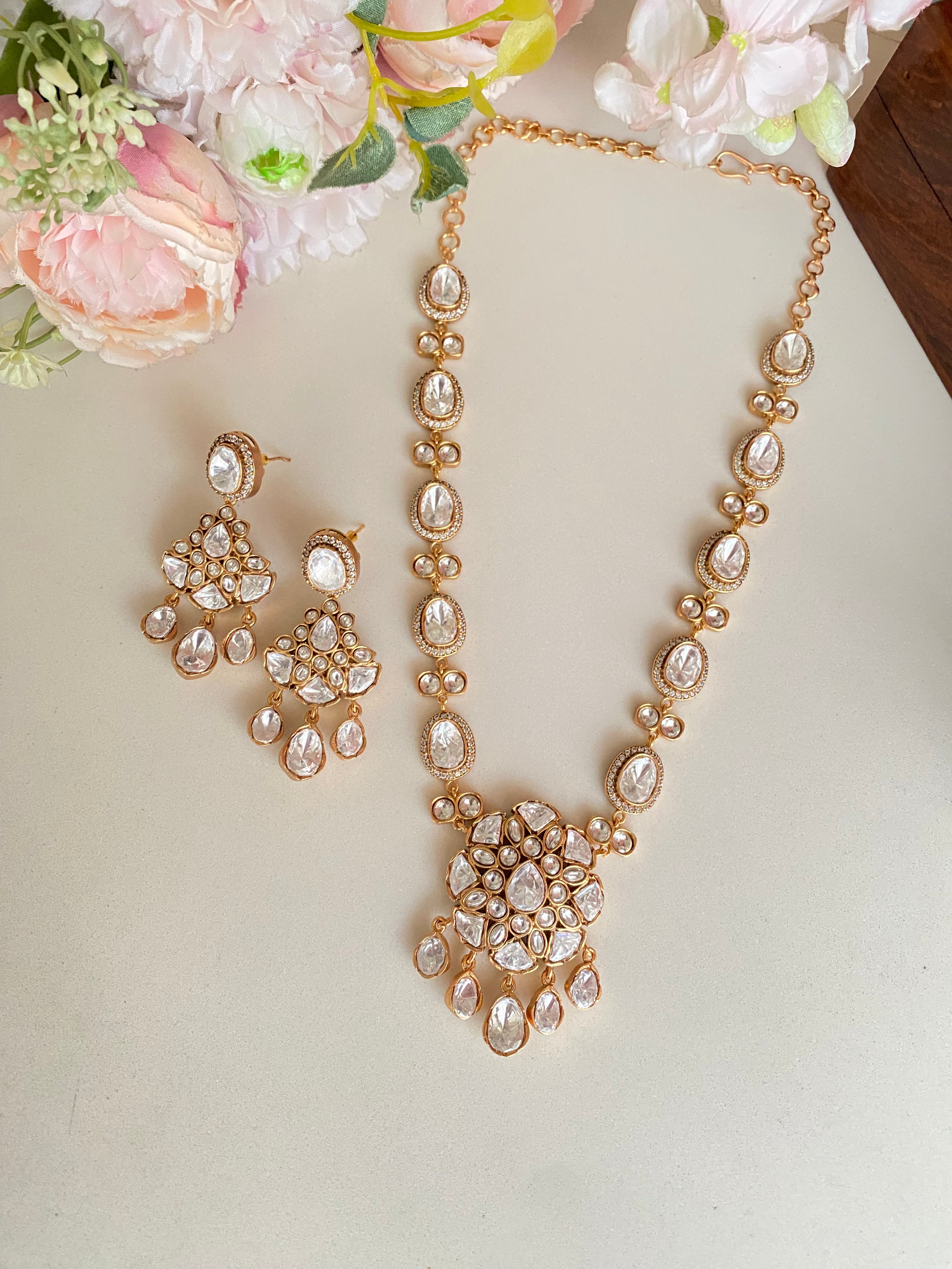 Gold plated Moissanite long necklace set