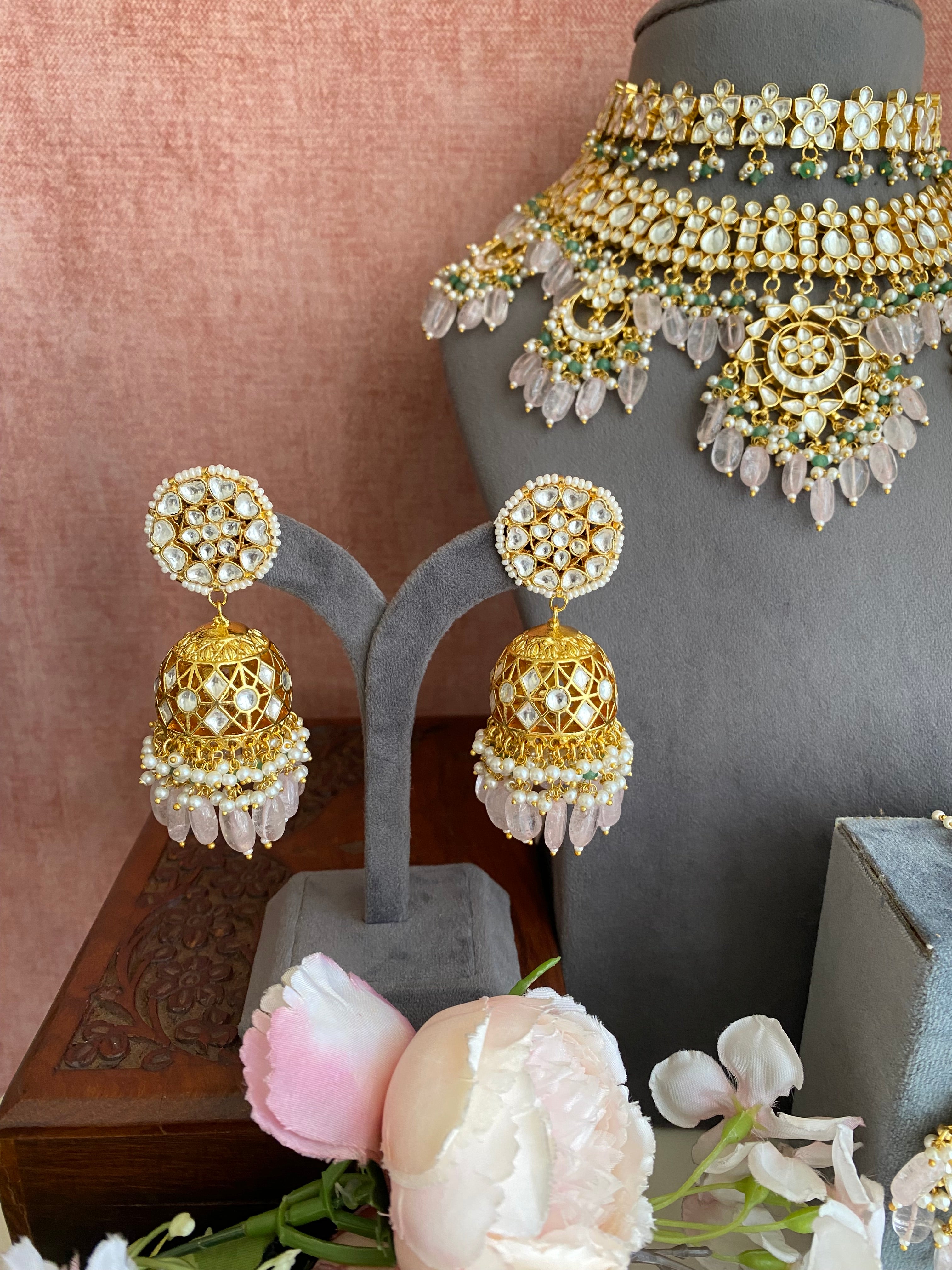 Kundan Choker with Necklace set in mint and pink drops