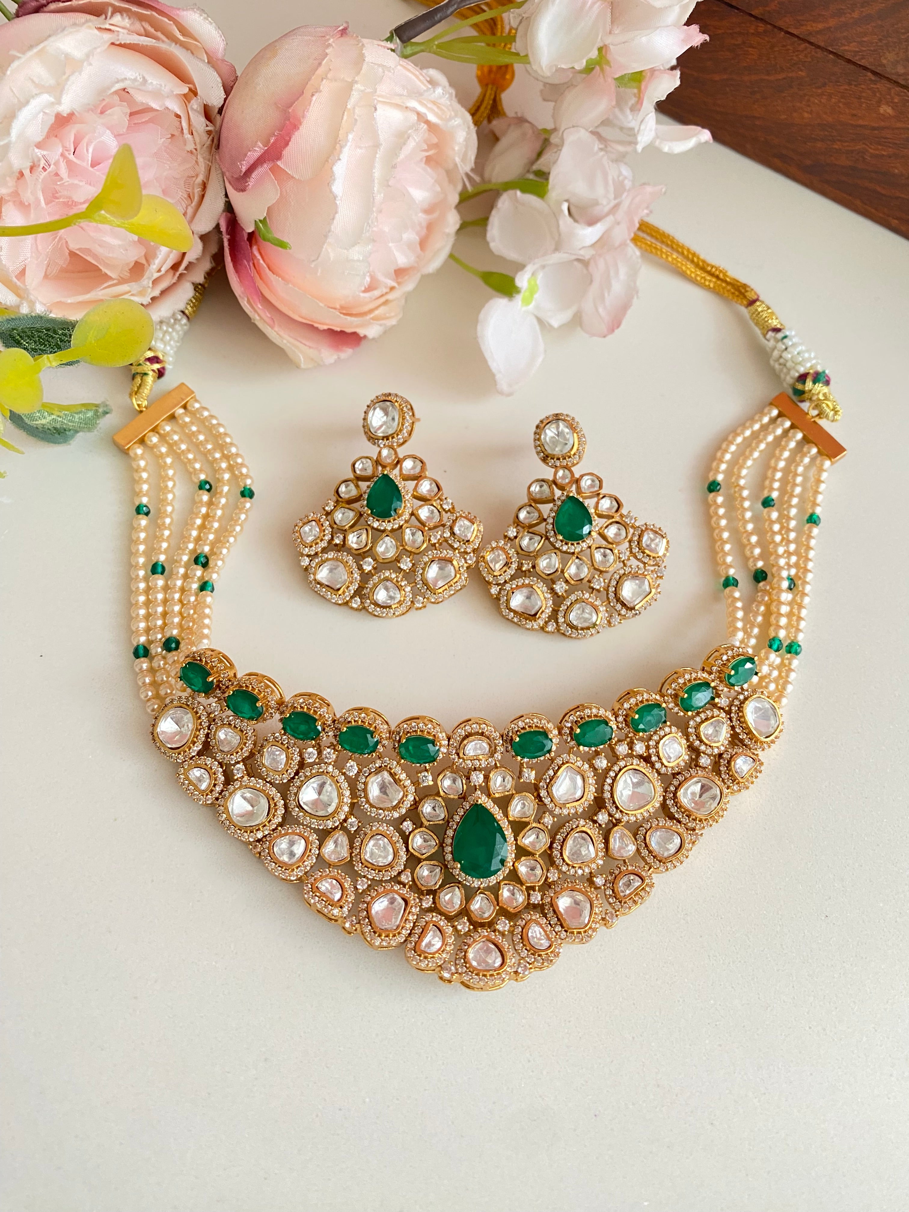 Moissanite Polki Green Stone Necklace Set
