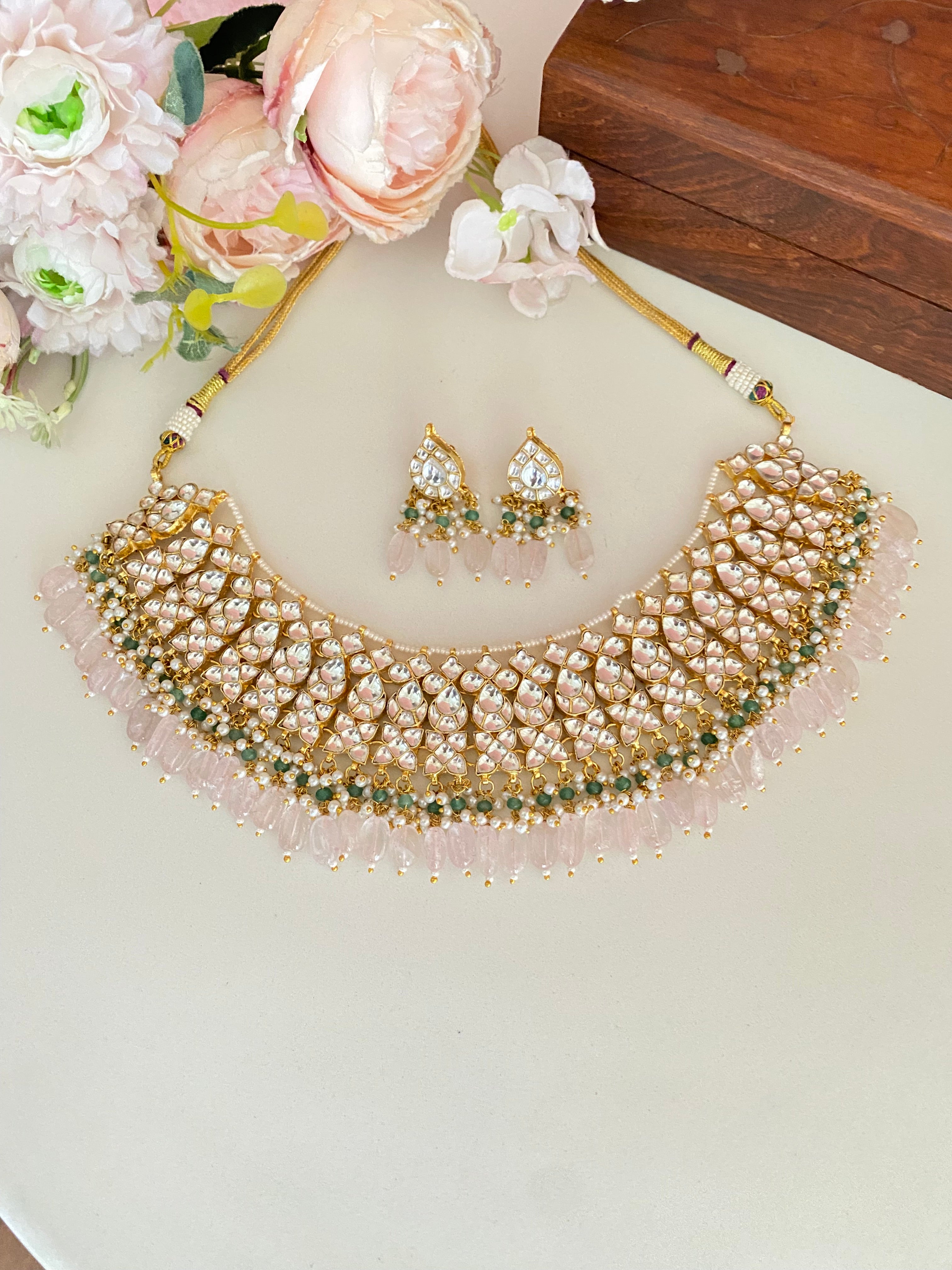 Kundan Necklace Set in Green Beads