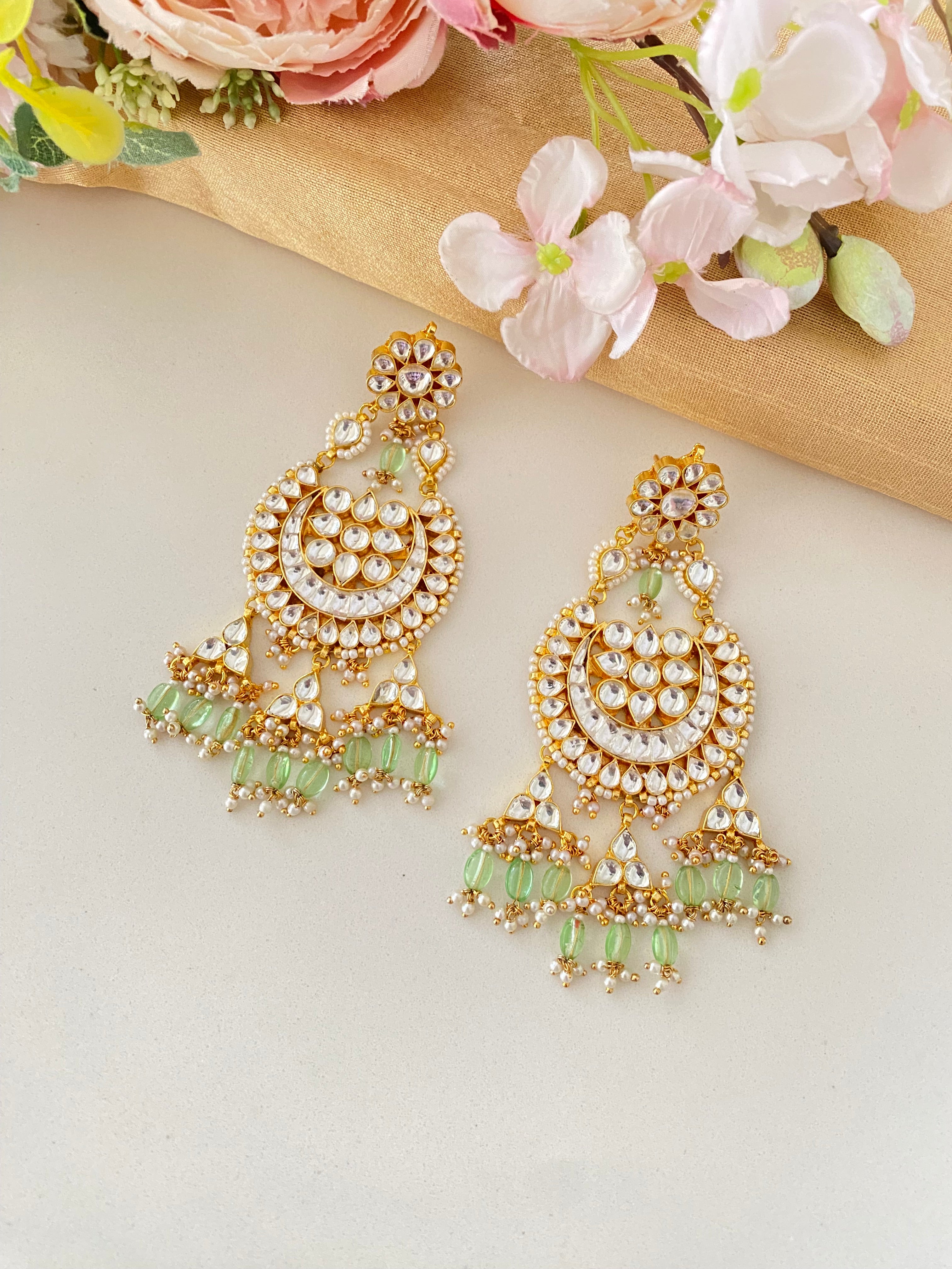 Gold Plated Kundan Earring in Mint Drops