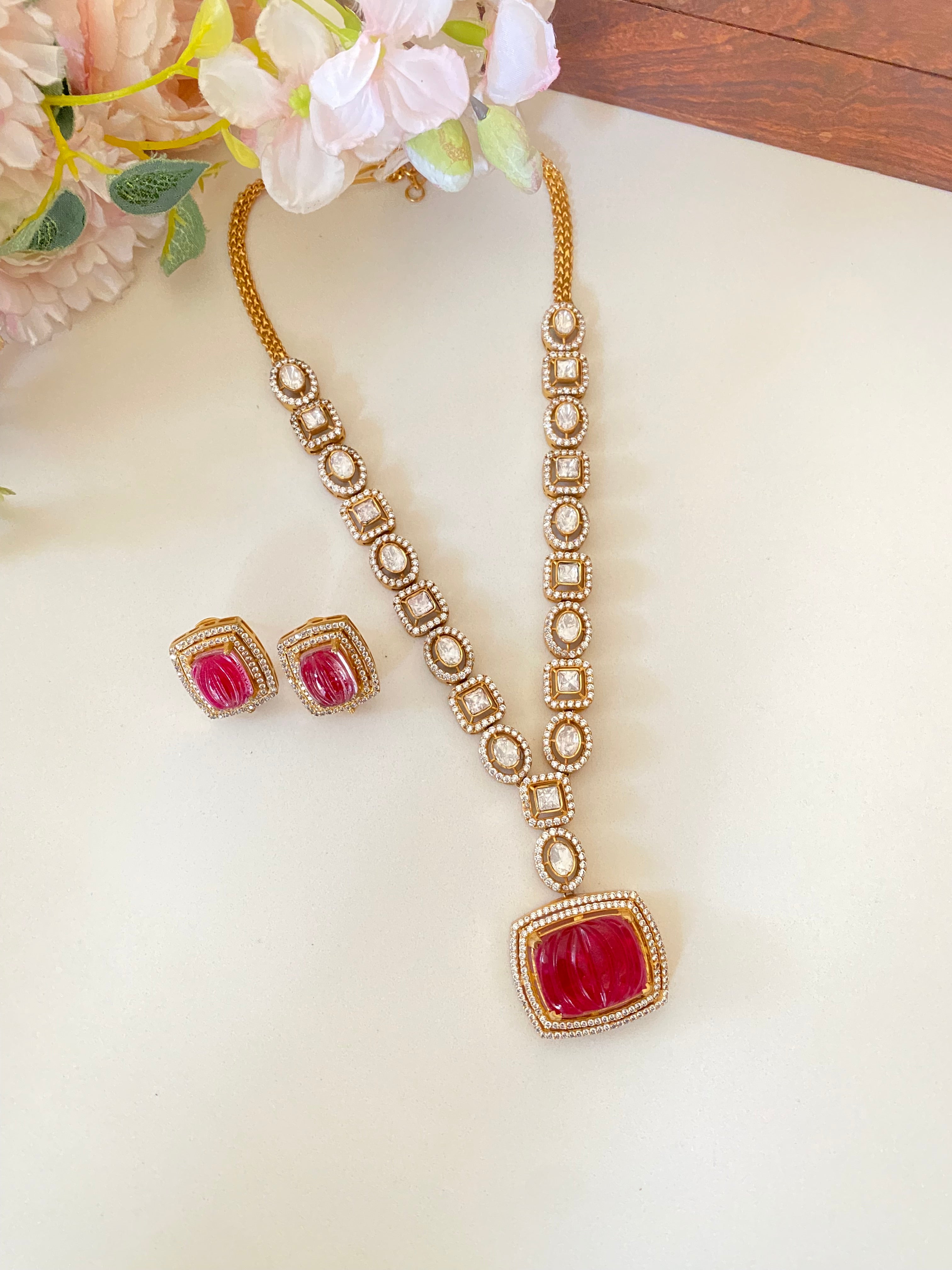 Gold plated moissanite Long necklace set