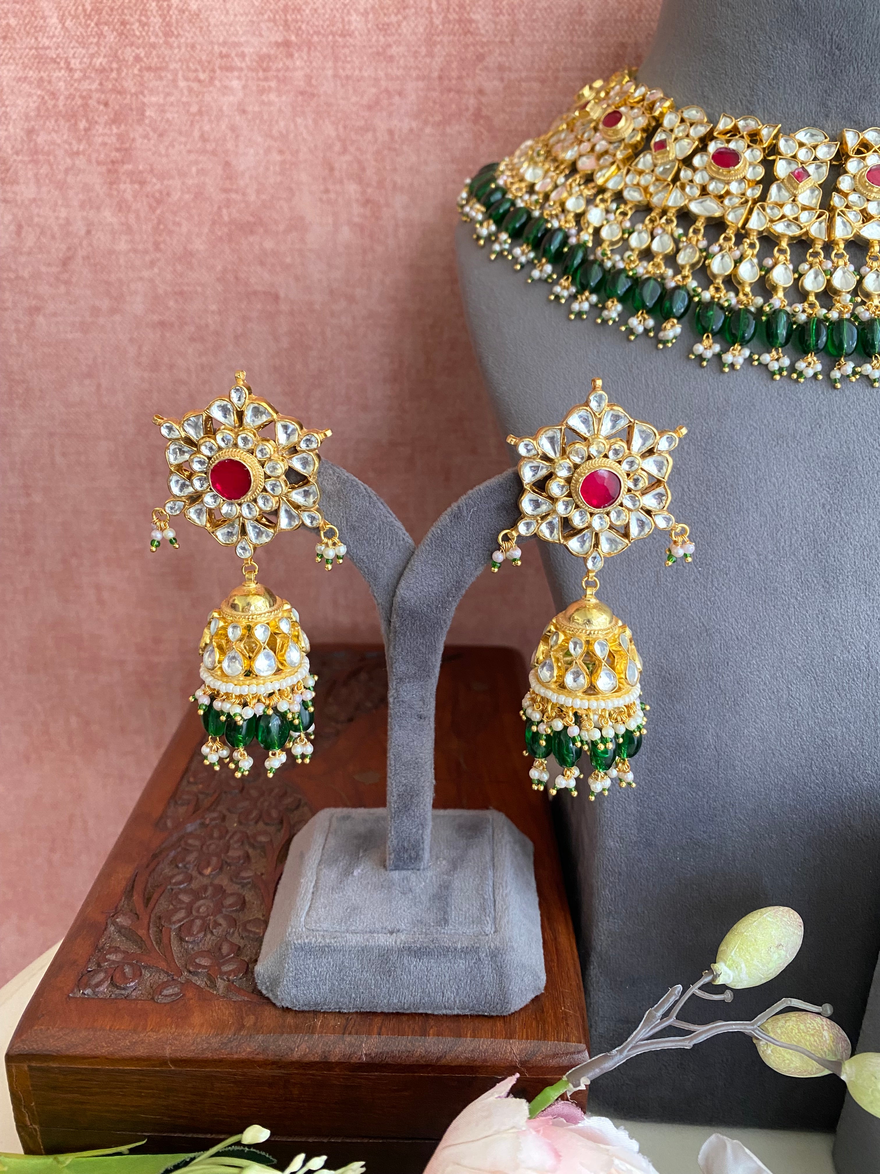 Kundan Gold plated Bridal Necklace set in Green Drops