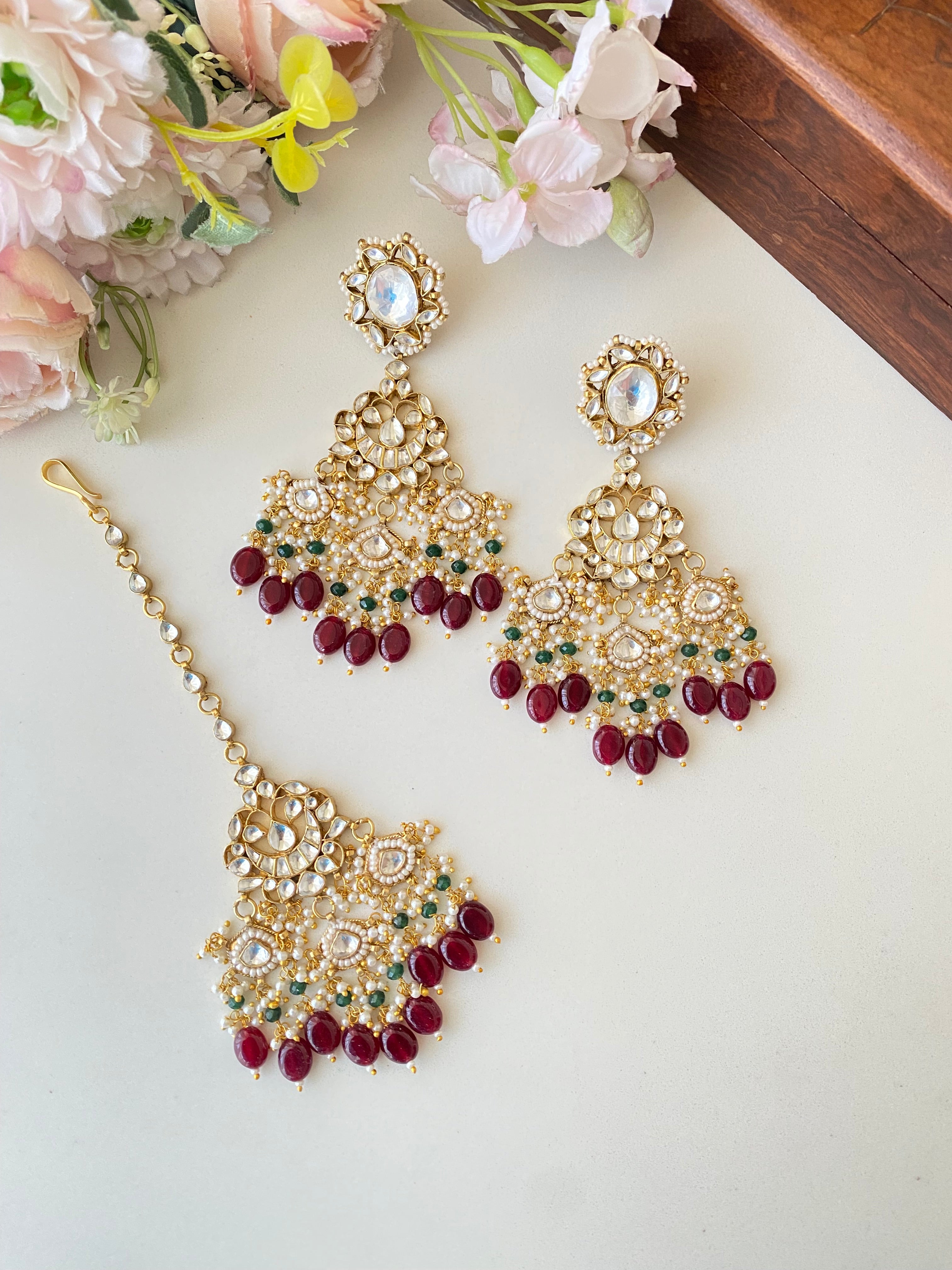Gold Plated Kundan earrings With Tikka set