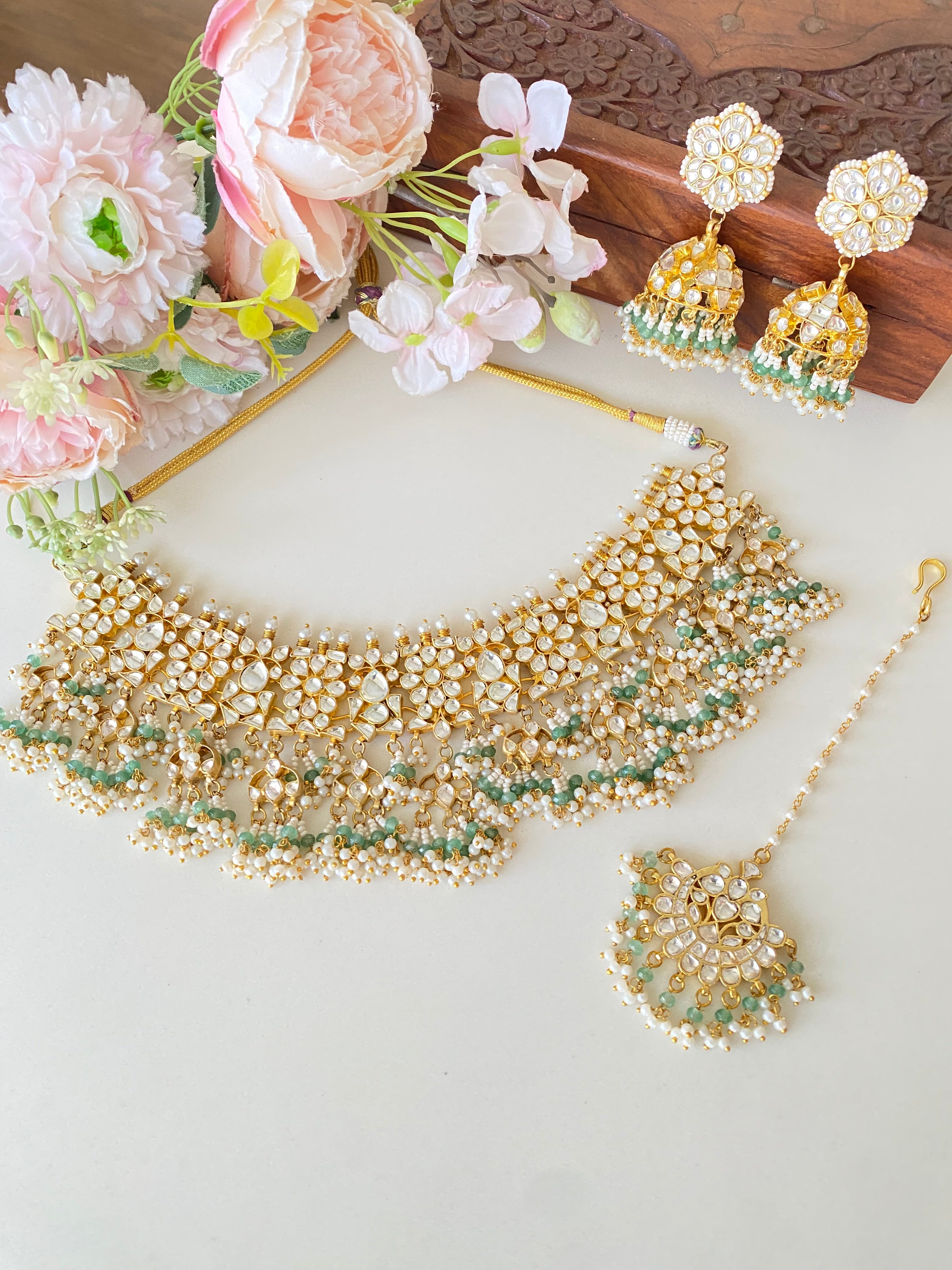 Kundan Bridal Necklace Set in Green drops