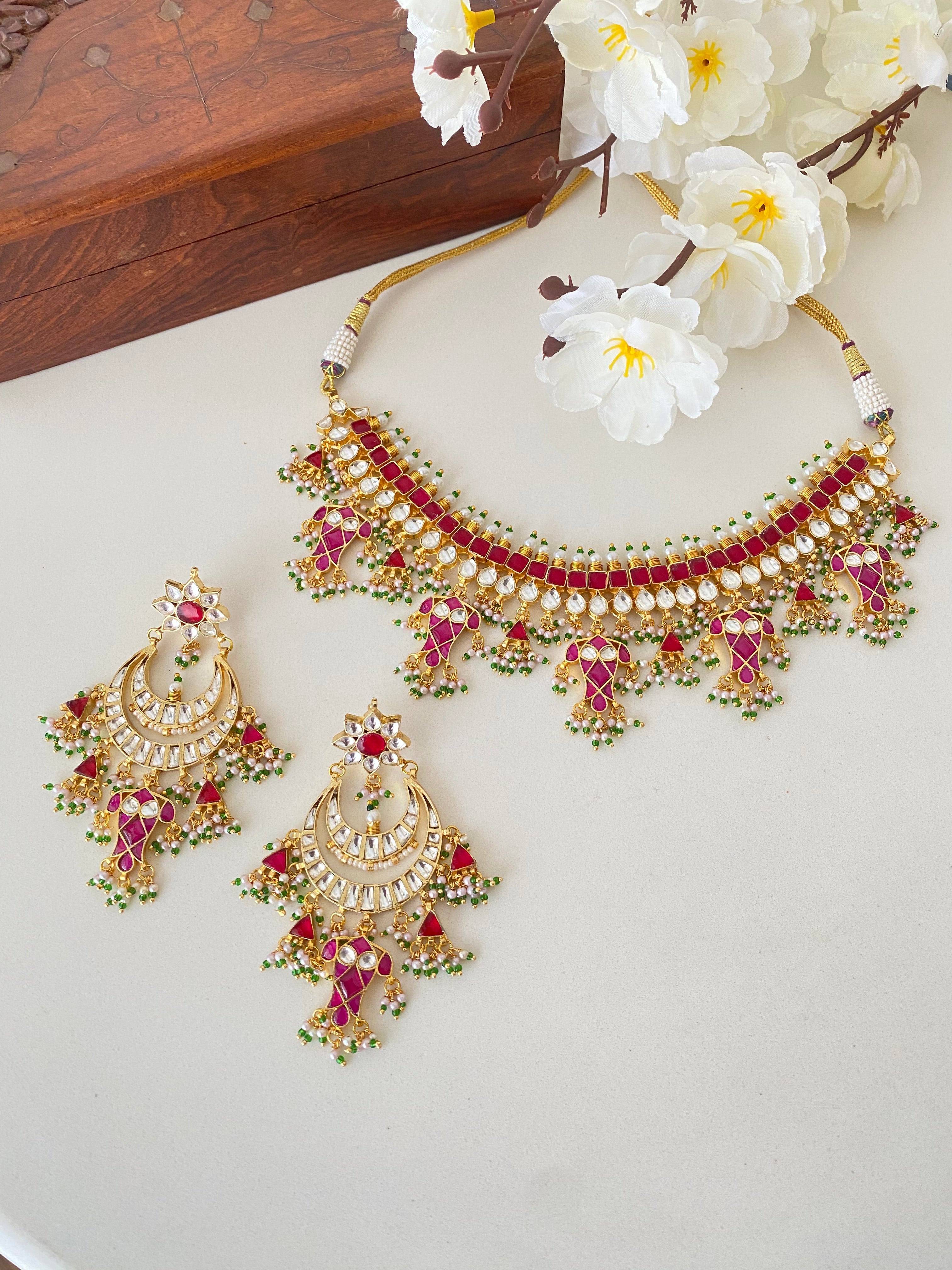 Kundan Gold plated Bridal Necklace Set in mint drops