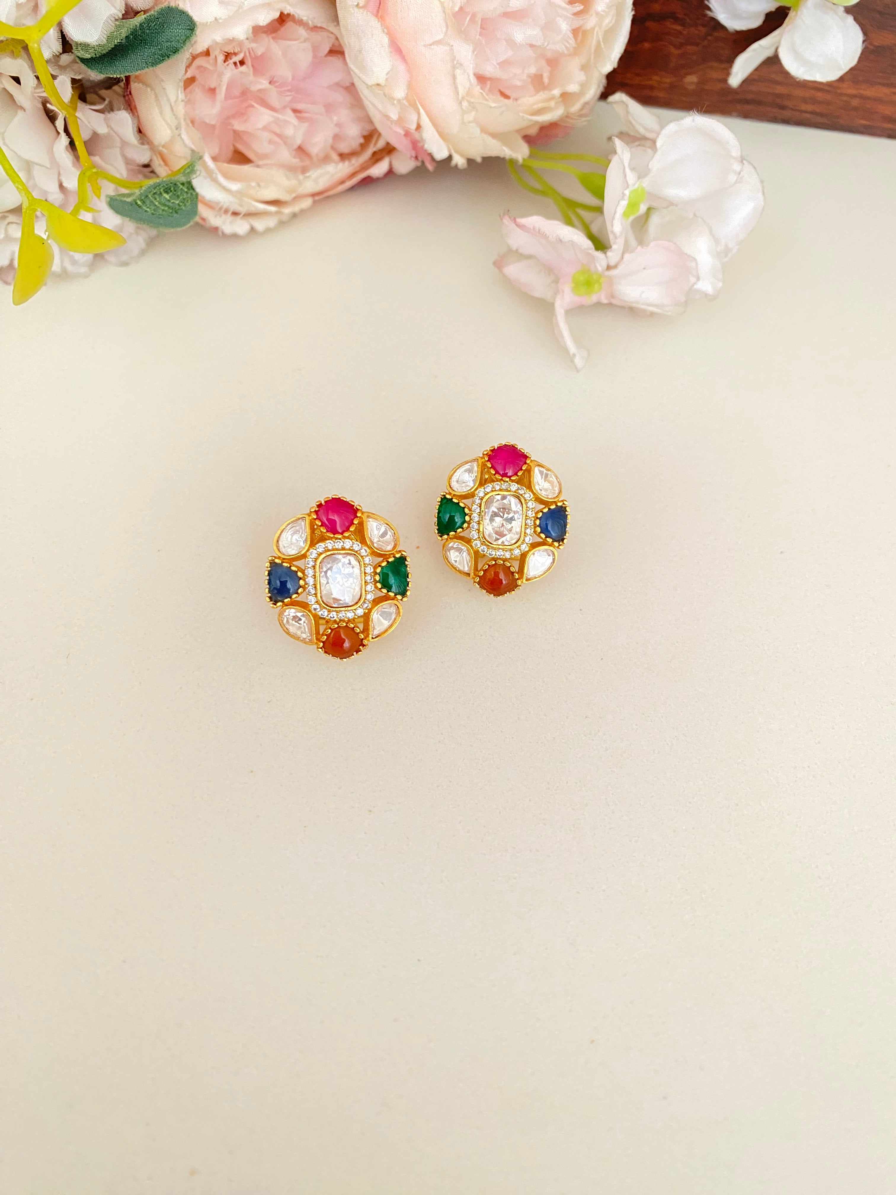 Gold plated navrattan Studs
