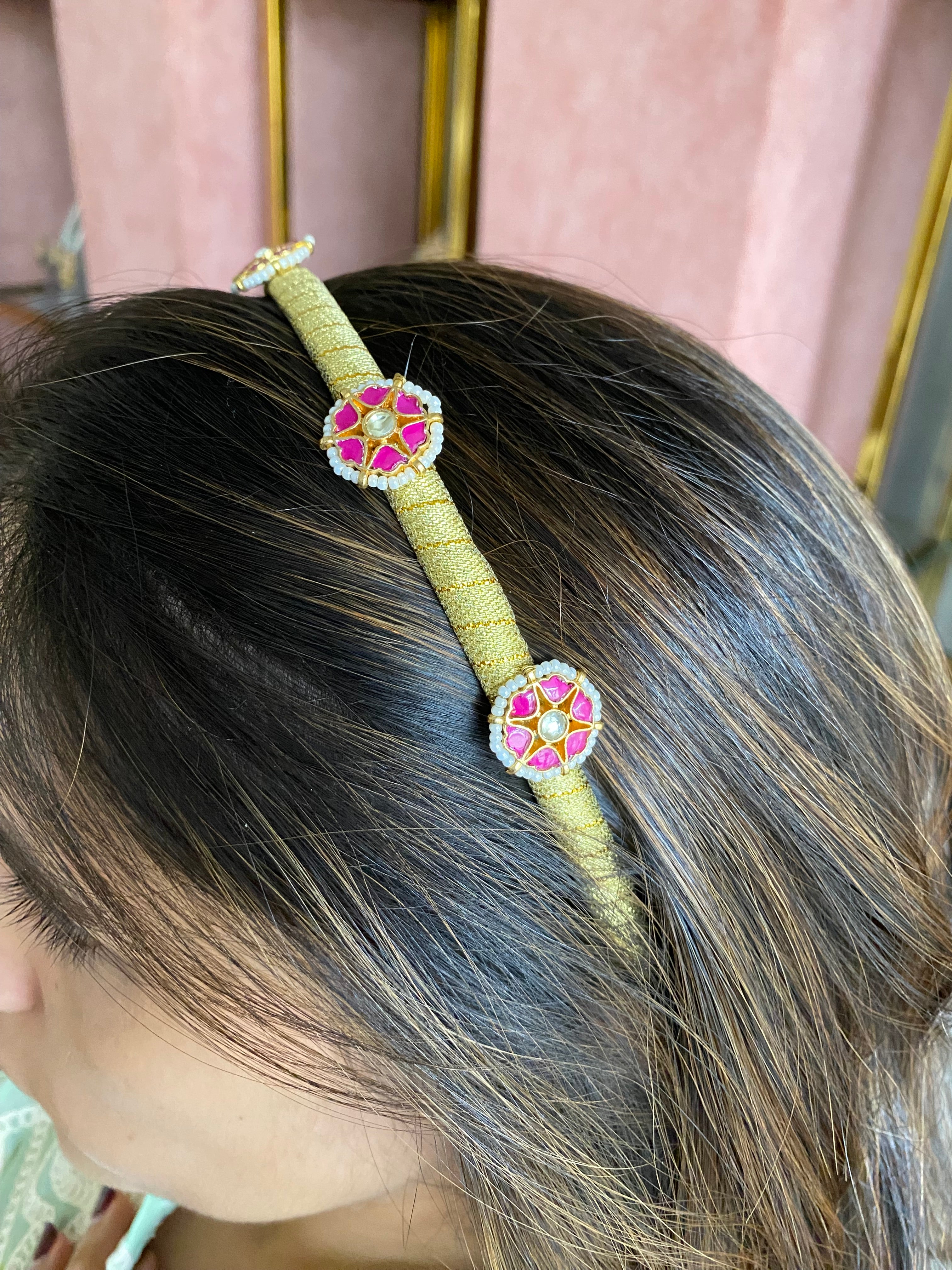 Gold Plated Pink Kundan Hairband