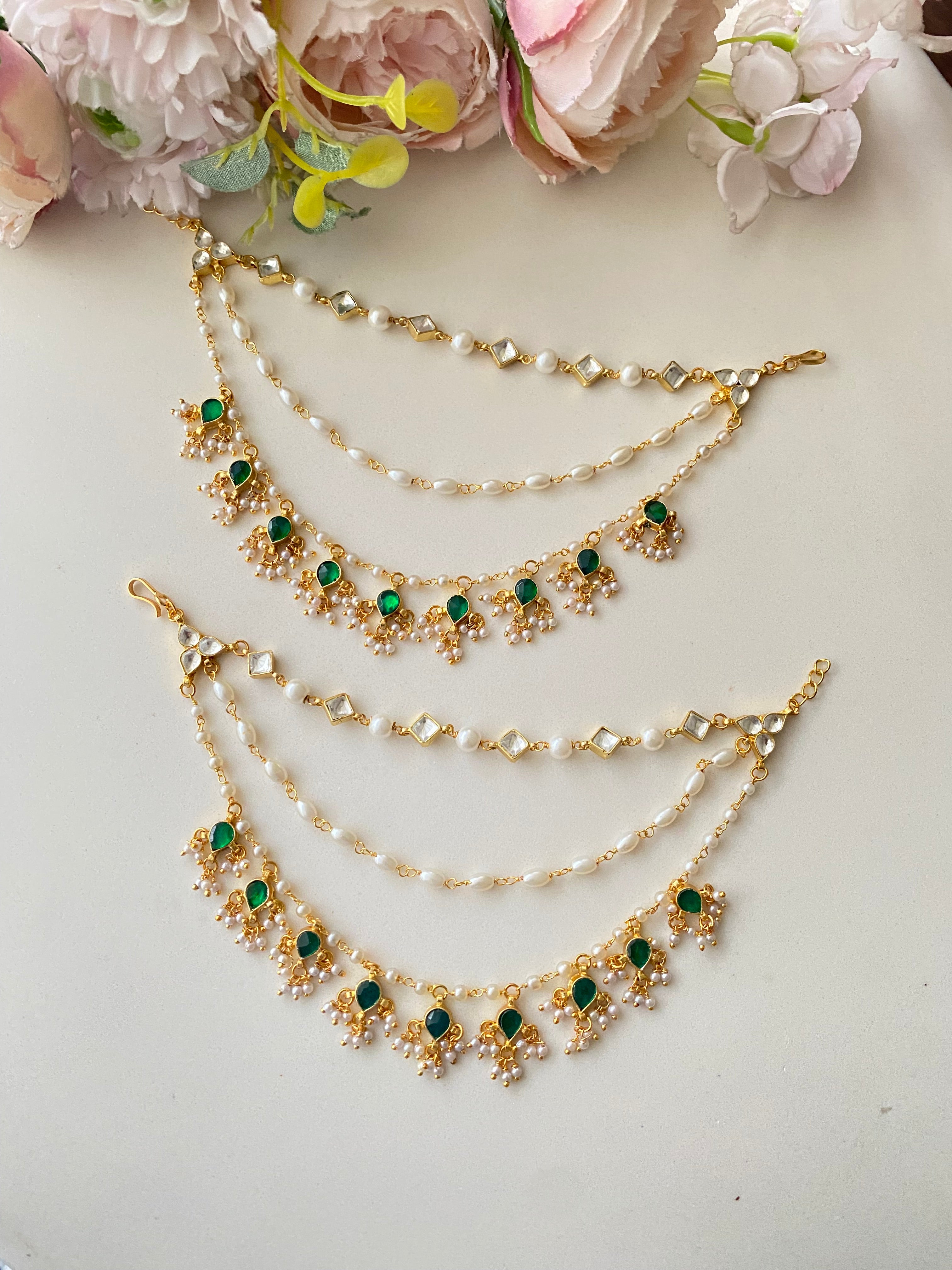 Gold Plated Green Kundan Ear Chain