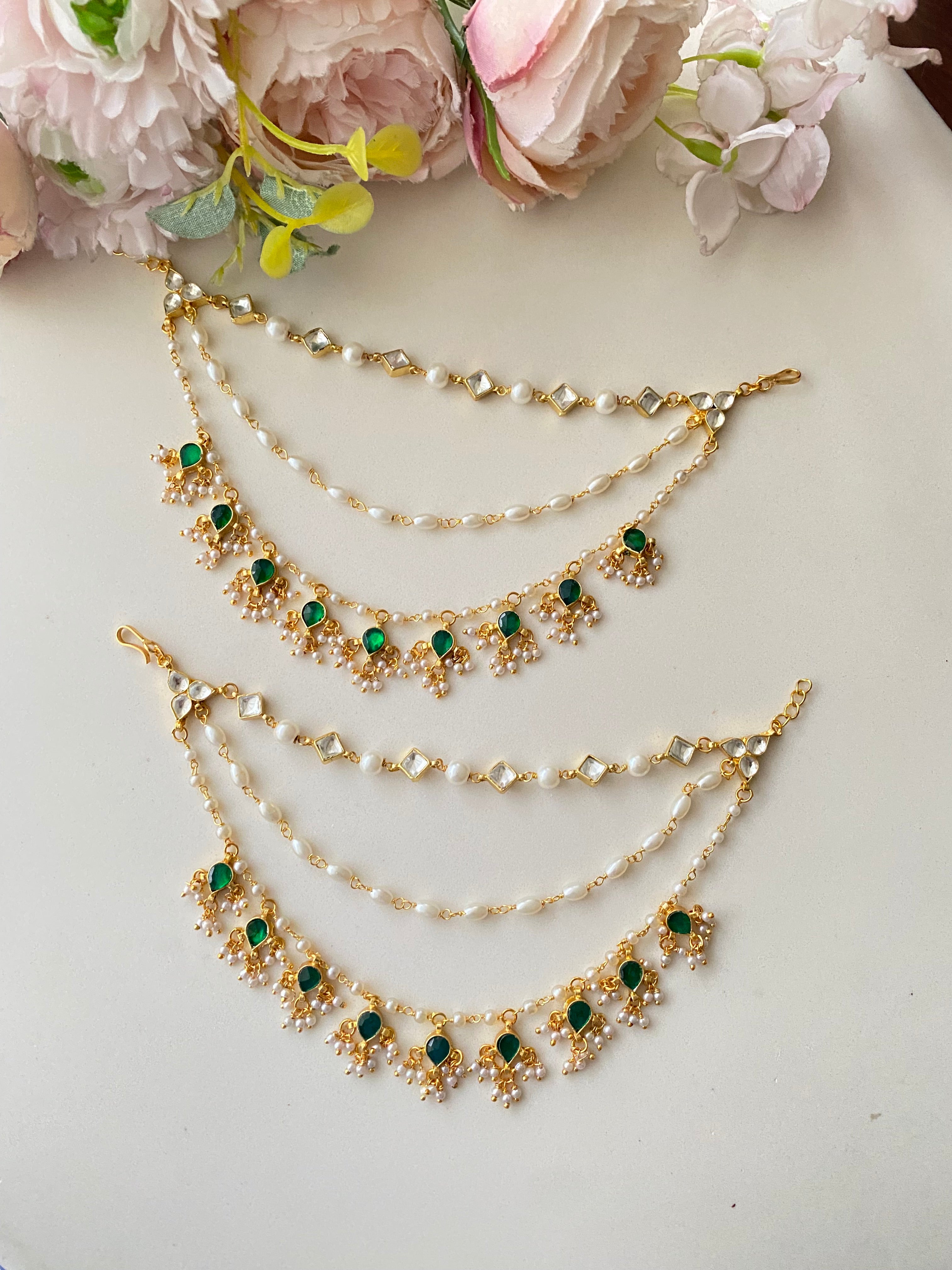 Gold Plated Green Kundan Ear Chain
