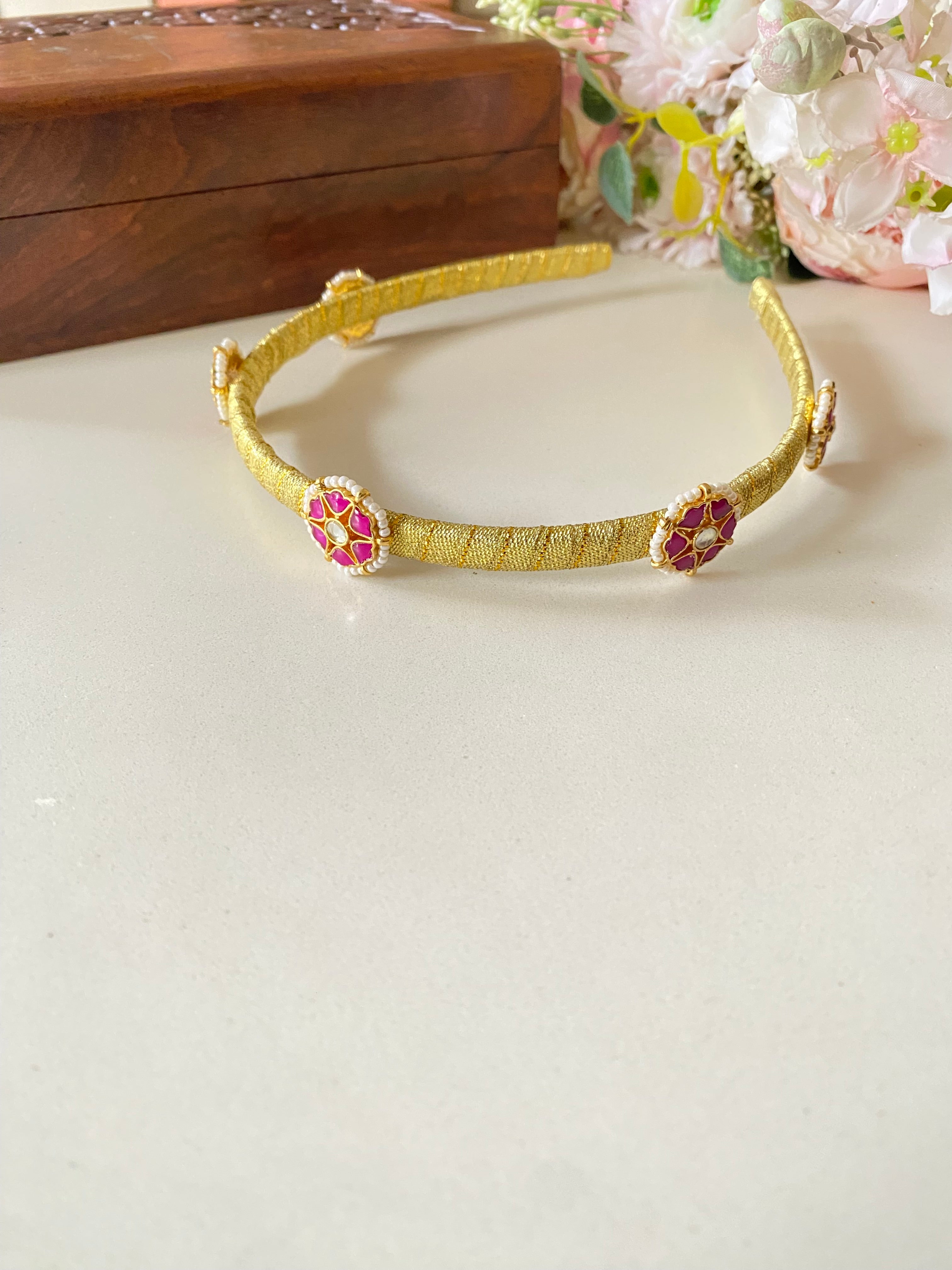 Gold Plated Pink Kundan Hairband