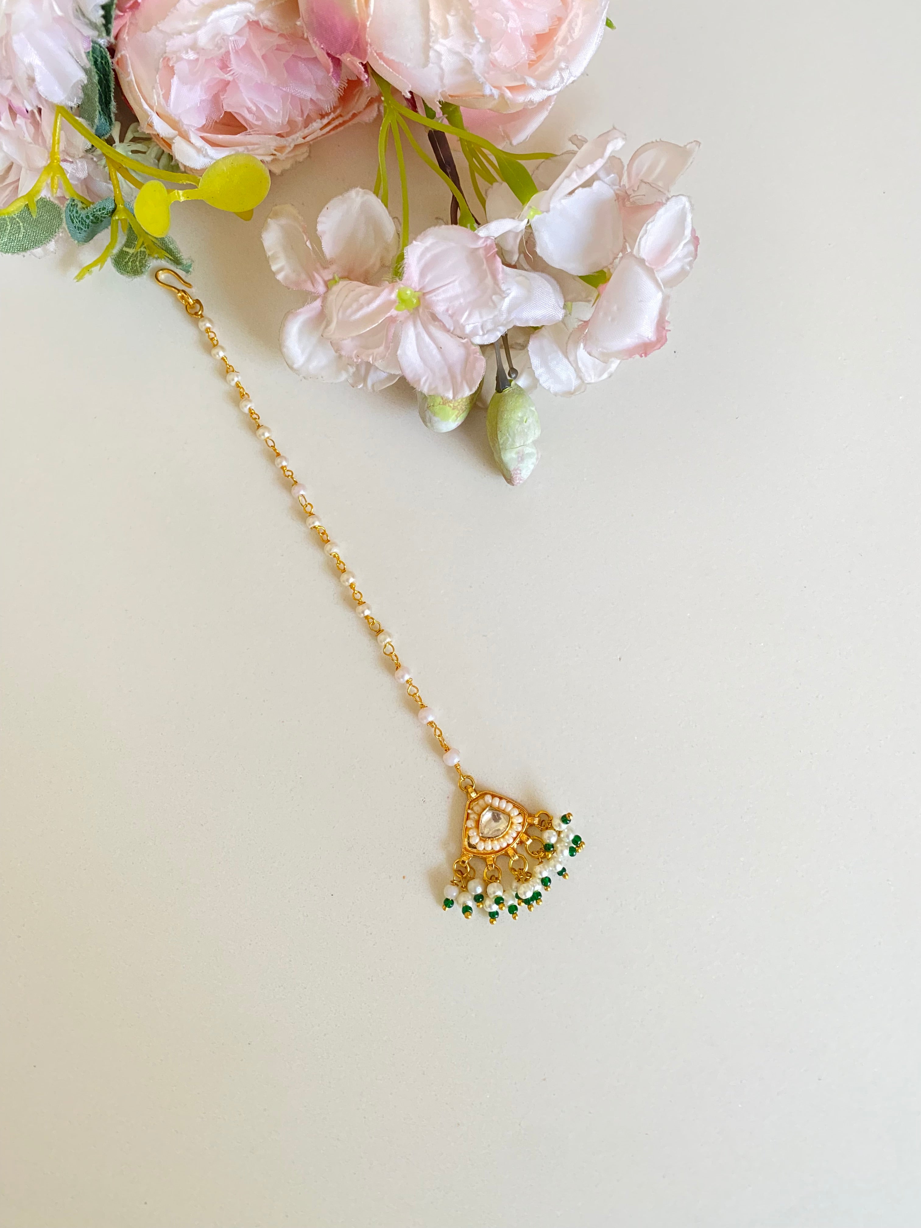 Gold Plated Kundan Tikka in Green pearl