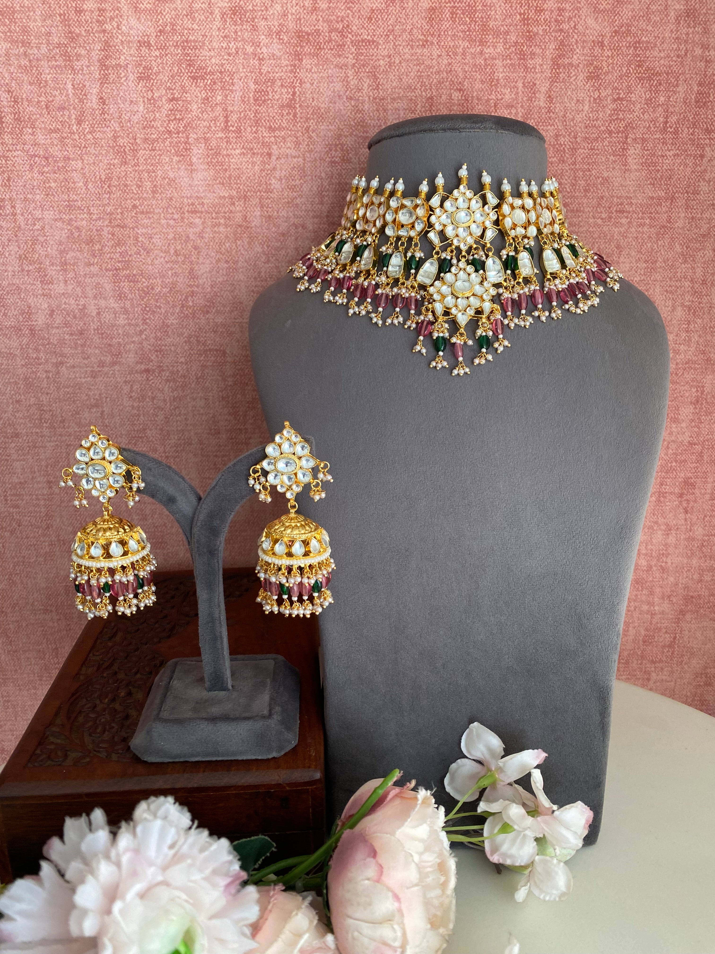 kundan Bridal Necklsce set with pink and green beads