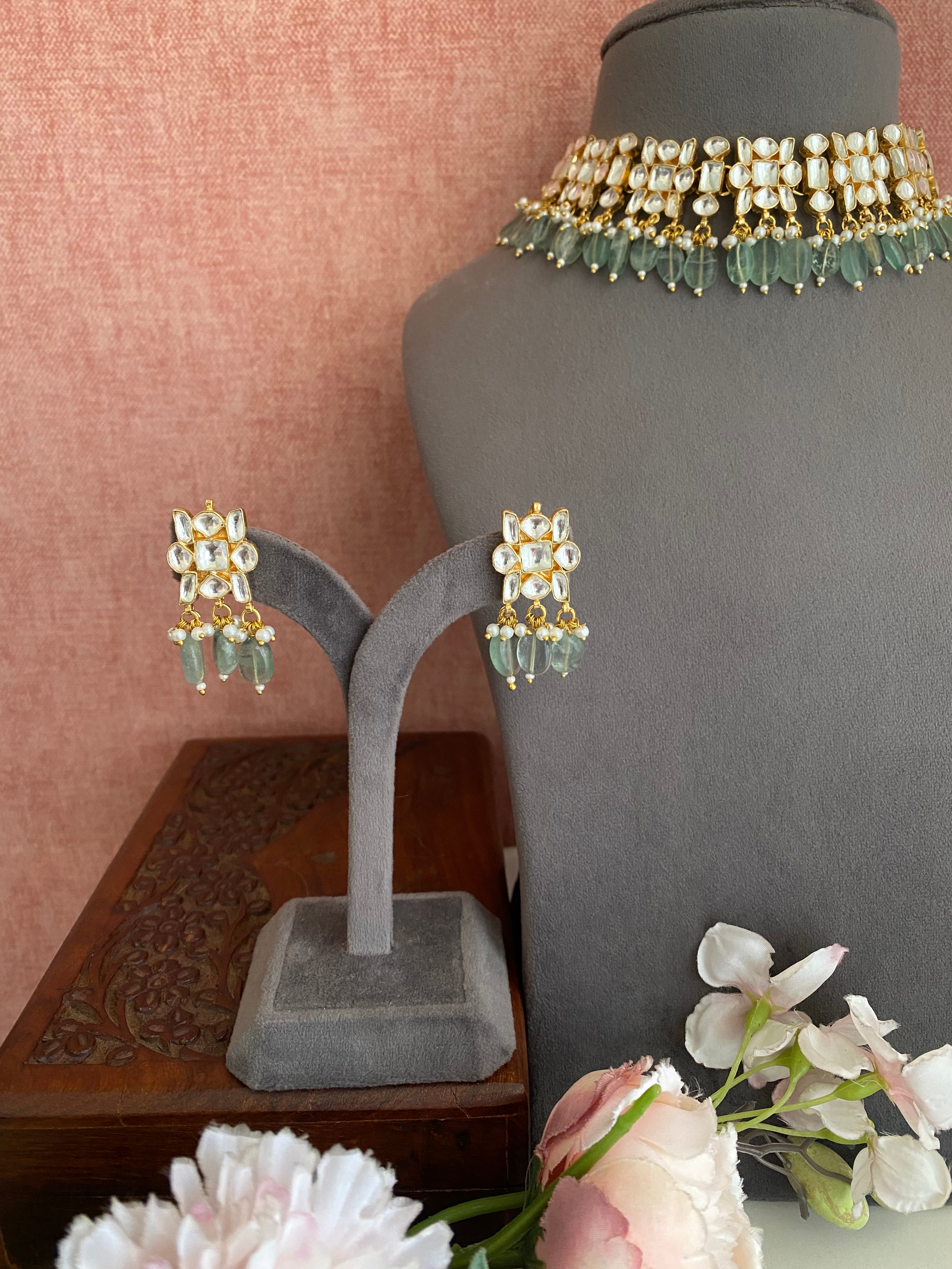 Gold plated Kundan Choker Set with Mint drops