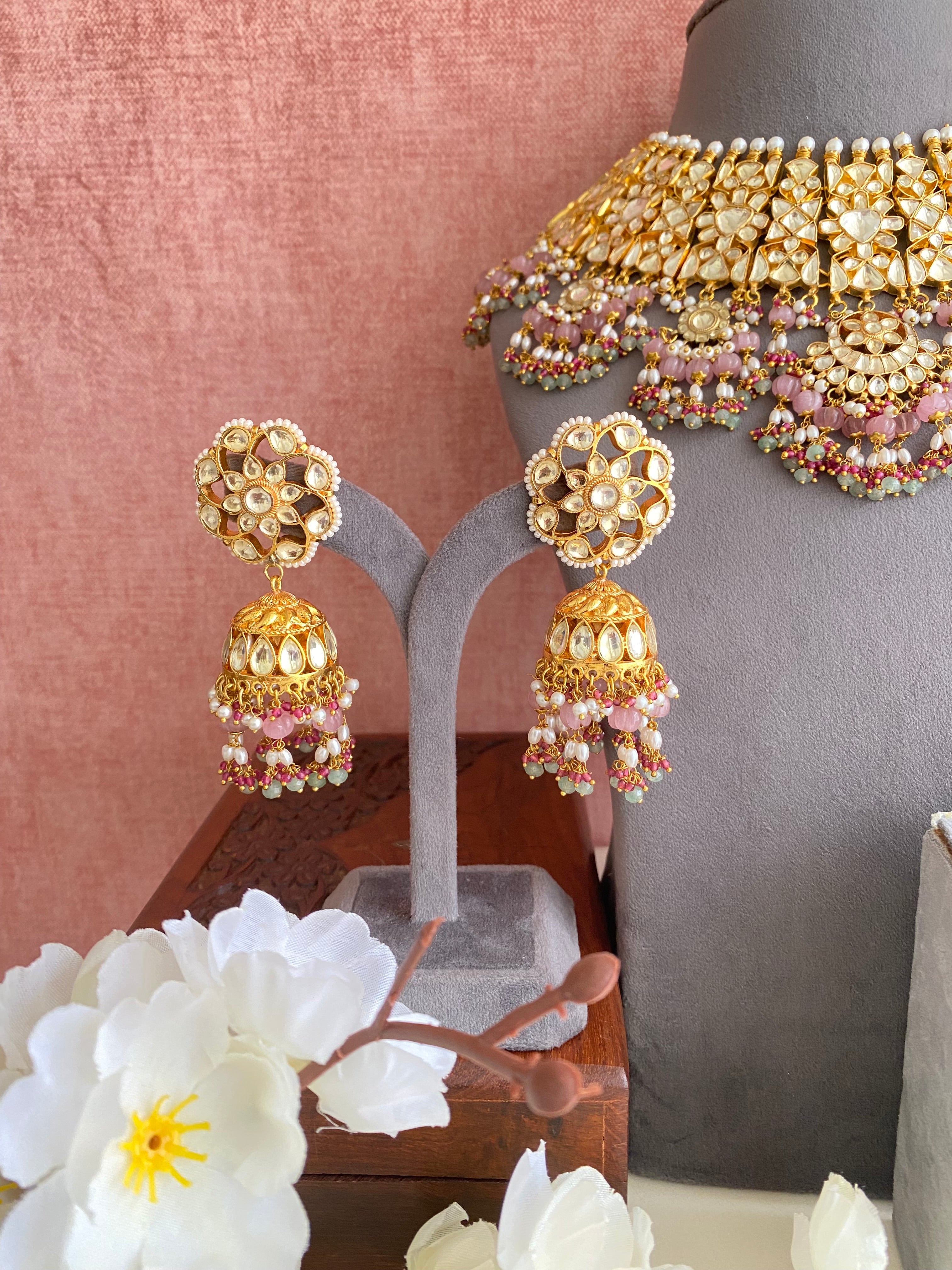 Kundan Bridal Necklace Set in Pink Drops
