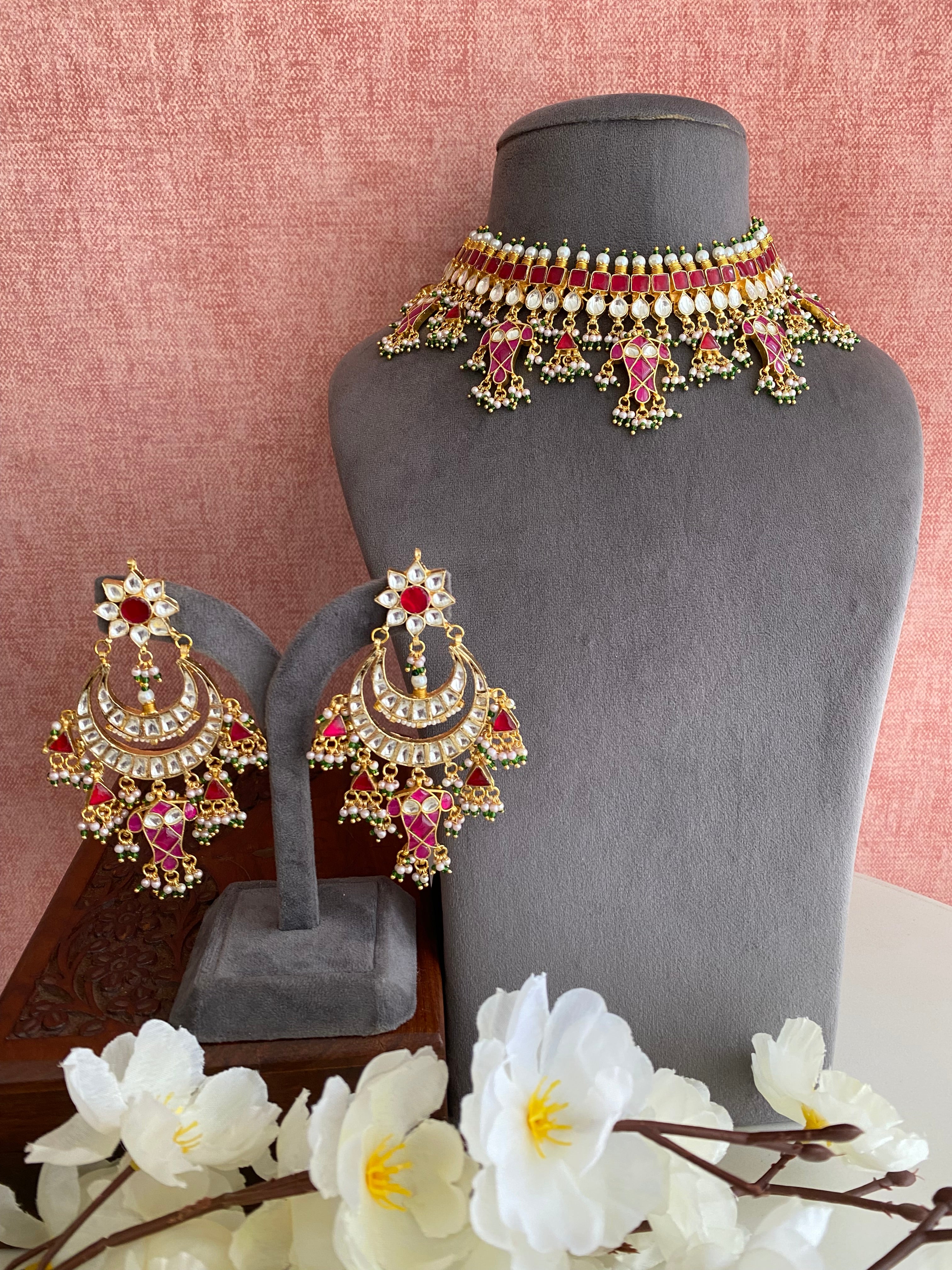 Kundan Gold plated Bridal Necklace Set in mint drops