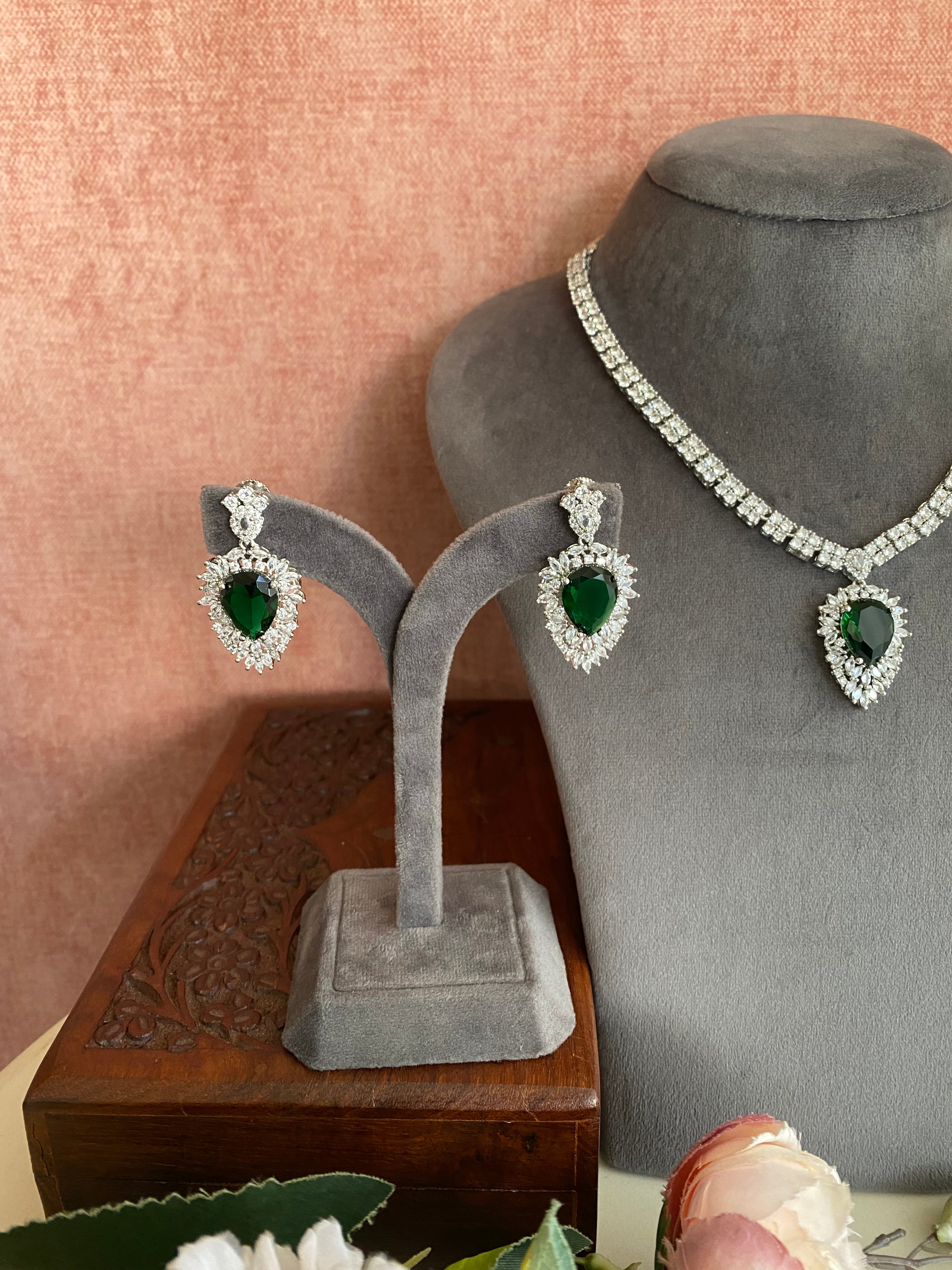 Silver Plated Emerald Diamond Long Necklace set