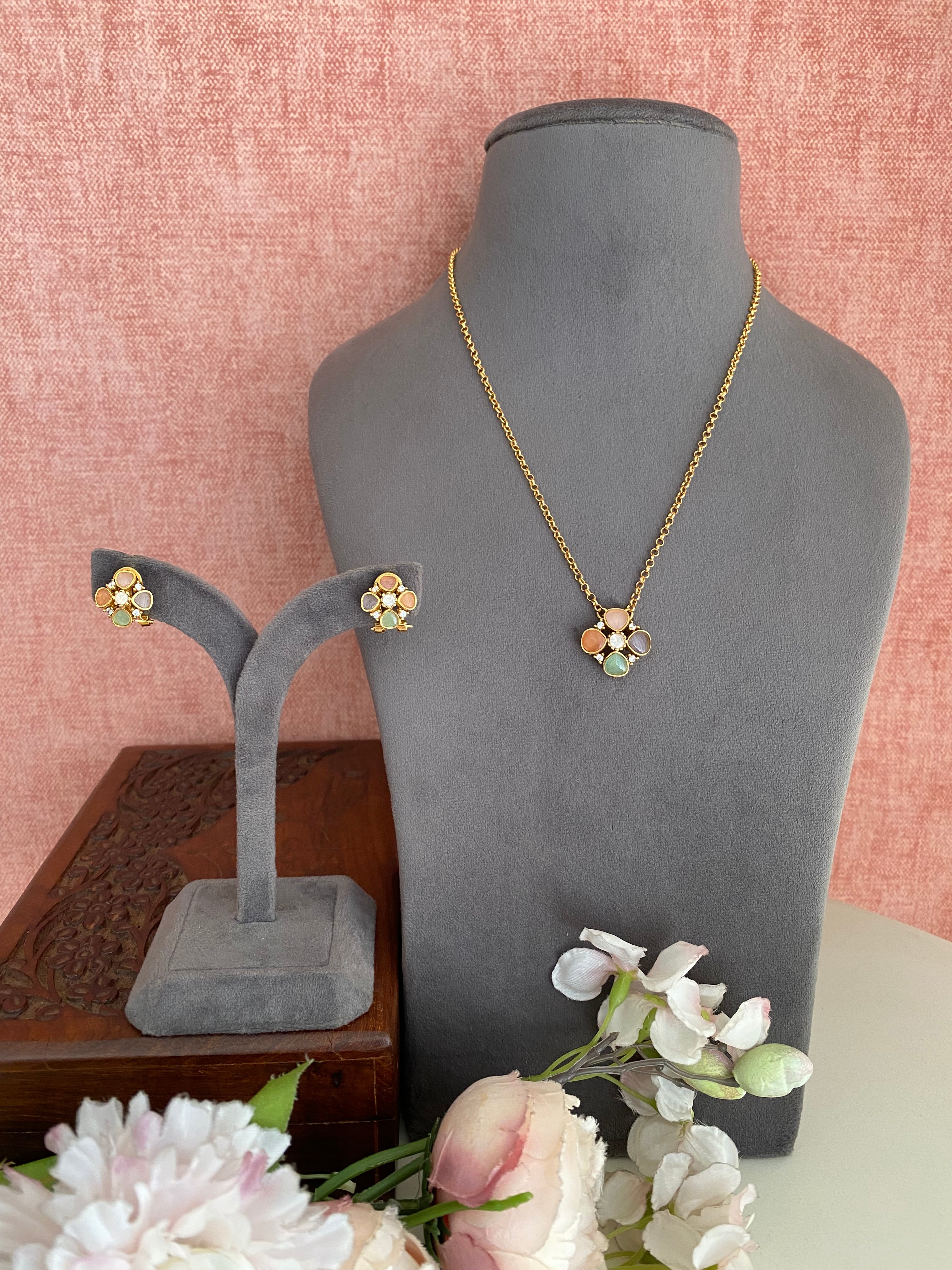Gold plated Moissanite Multicolour Pendant Set