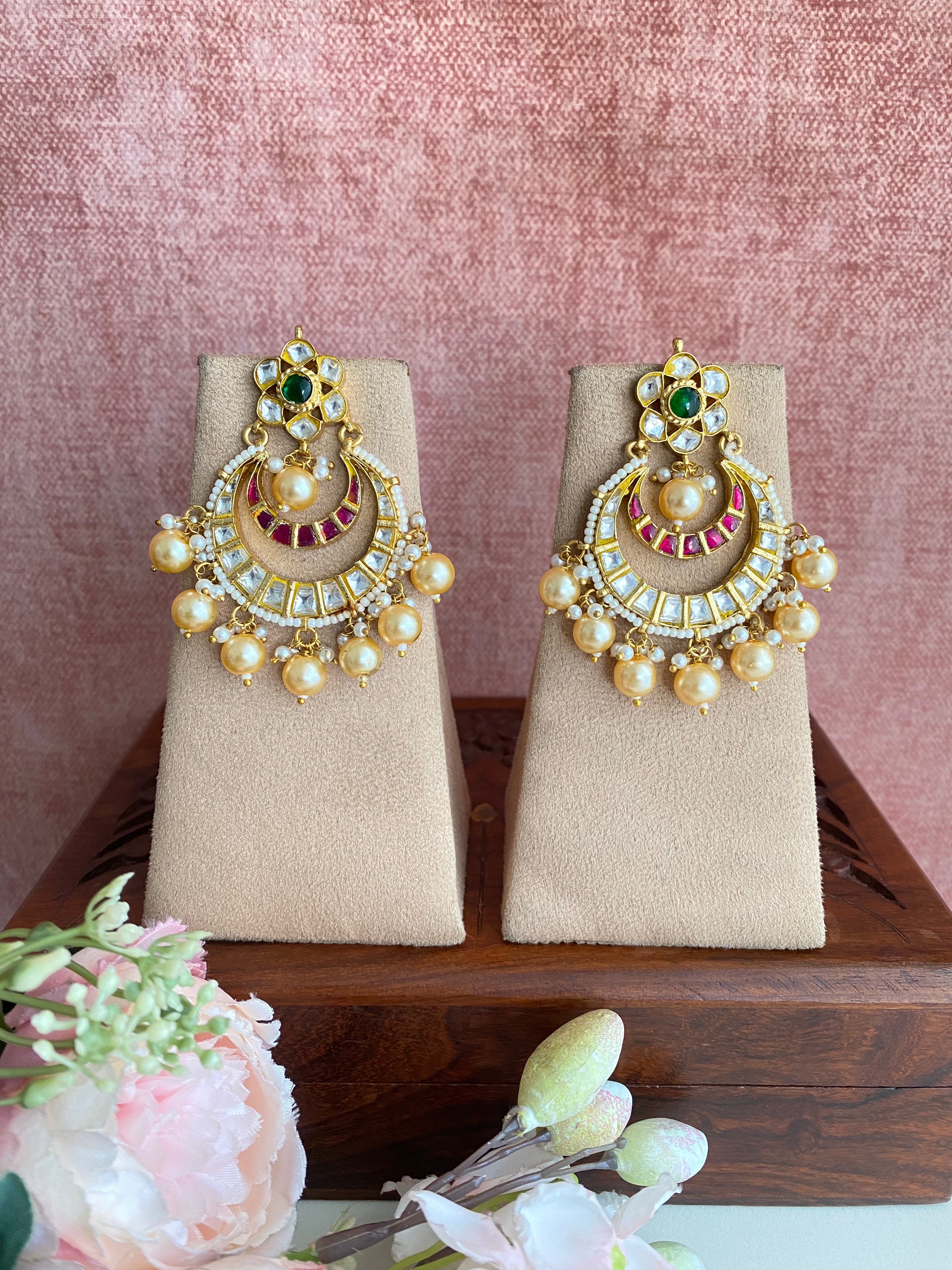 Gold plated Kundan Chandbaali in Pearl