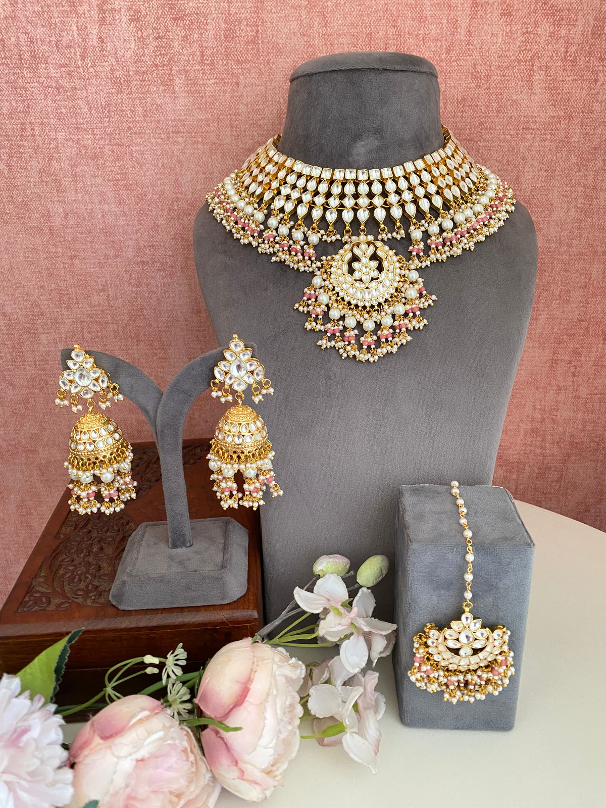 Kundan Bridal Necklace Set in pink drops