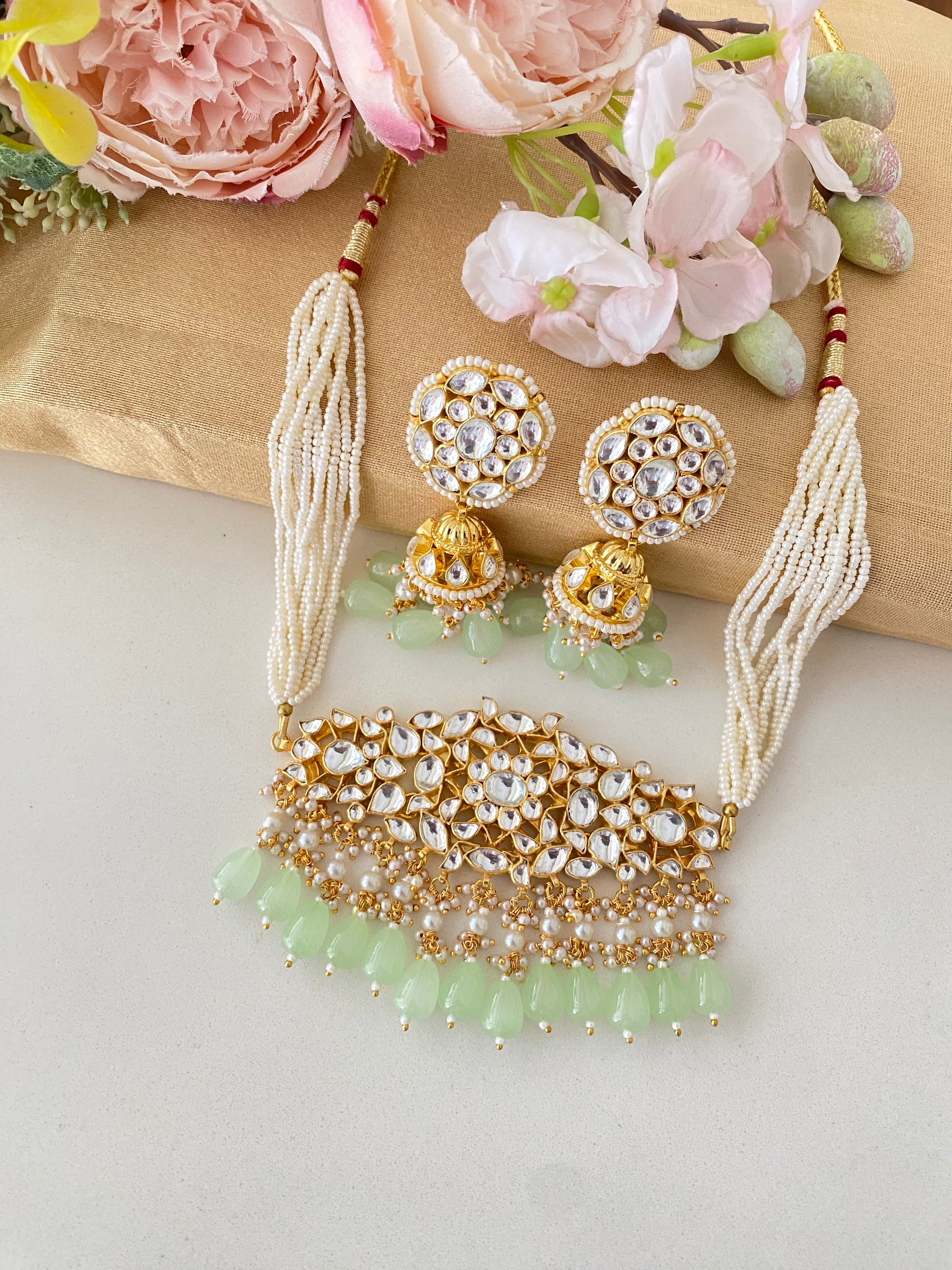 Gold plated Kundan Choker Set in mint drops