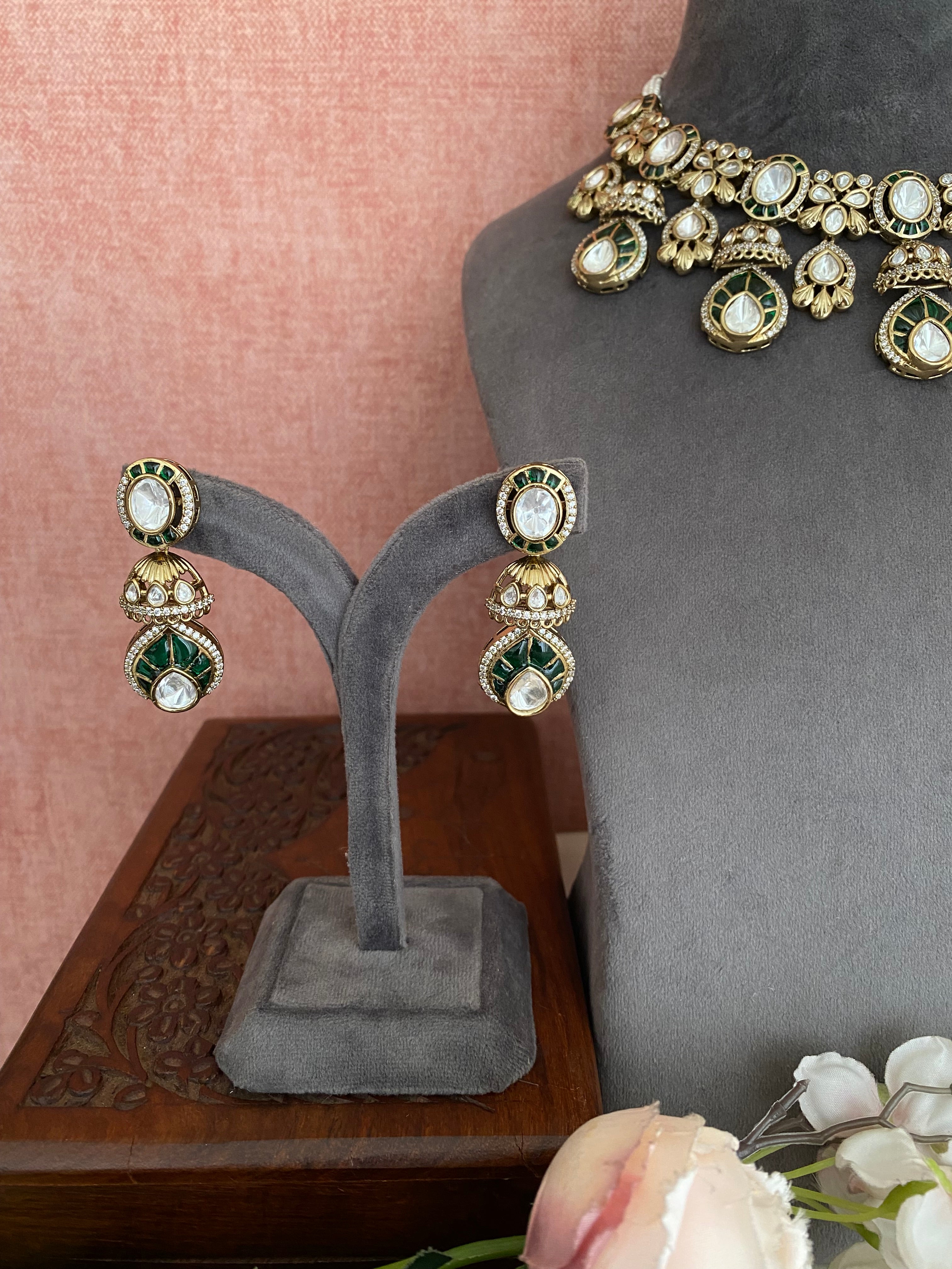 Moissanite Polki Green Necklace Set