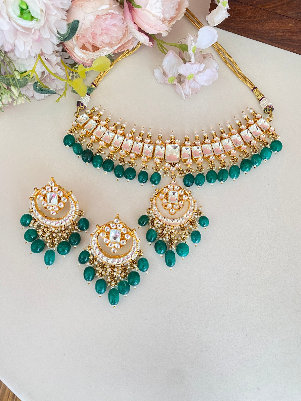 Kundan choker set in Green drops