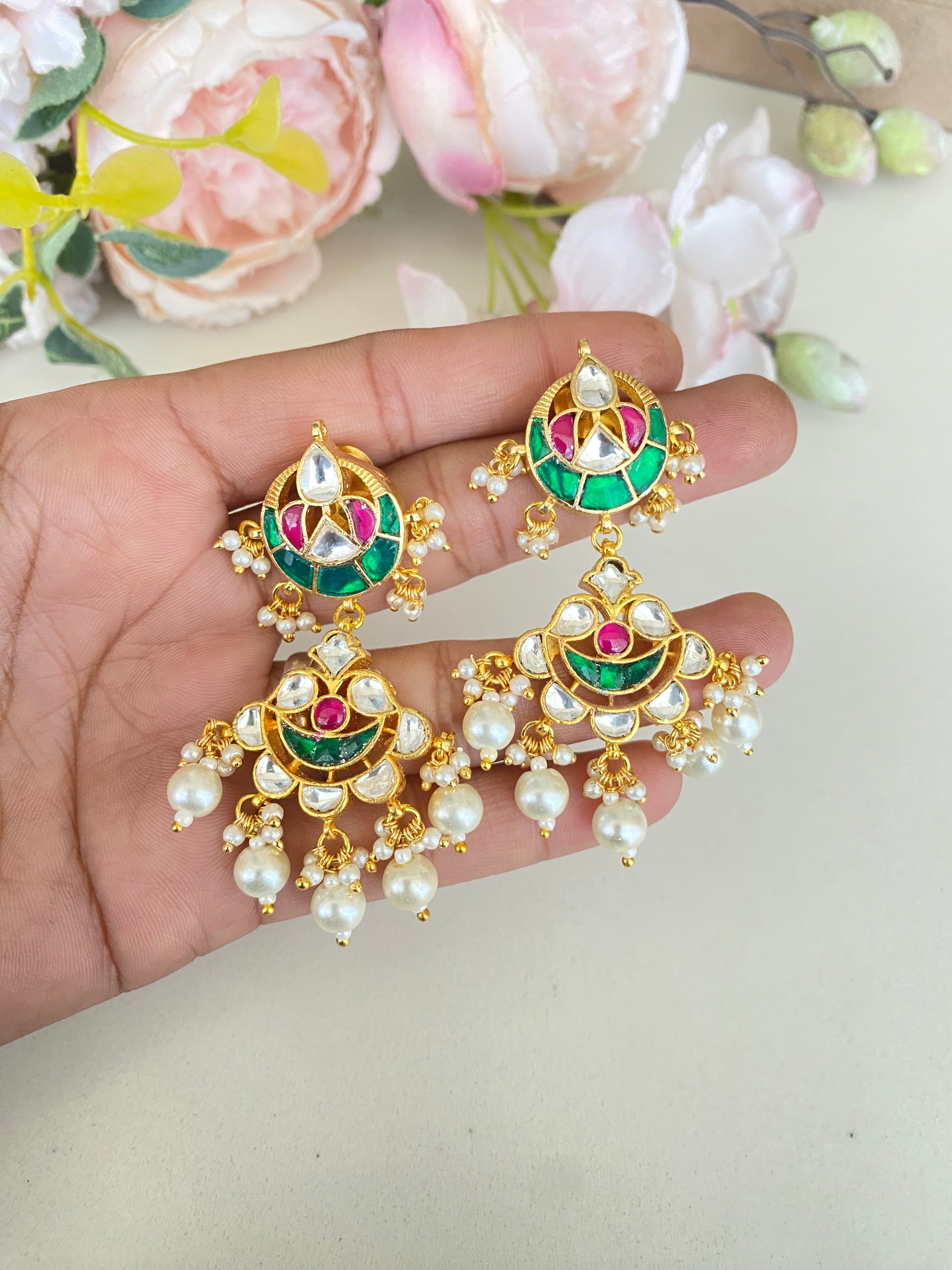 Multicolor Gold Plated Kundan Earring in green drops