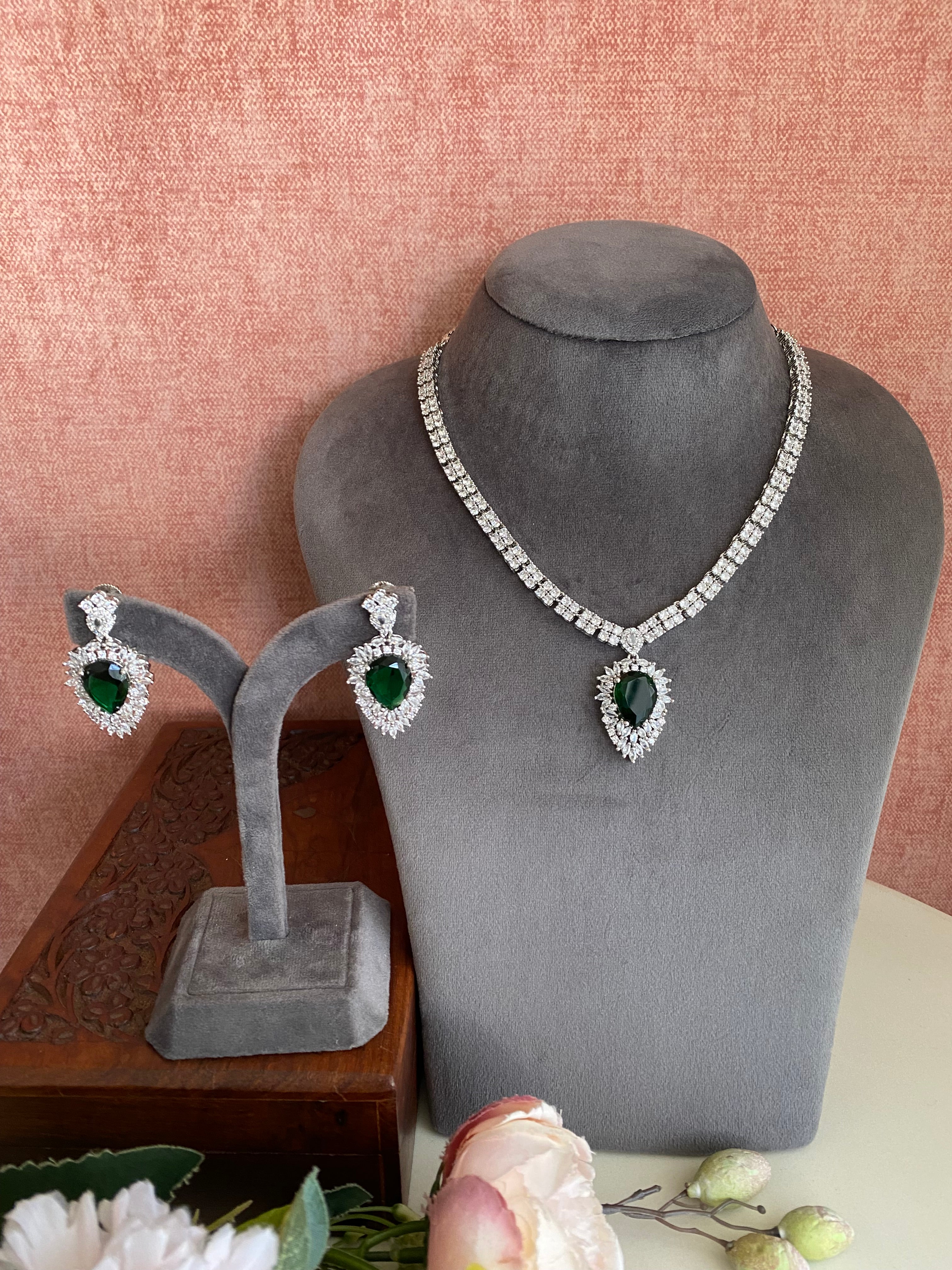 Silver Plated Emerald Diamond Long Necklace set