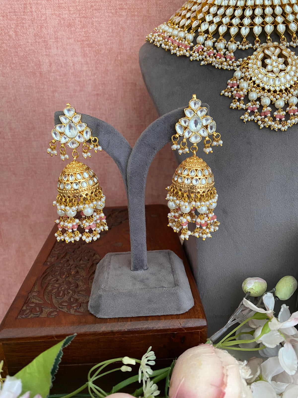 Kundan Bridal Necklace Set in pink drops