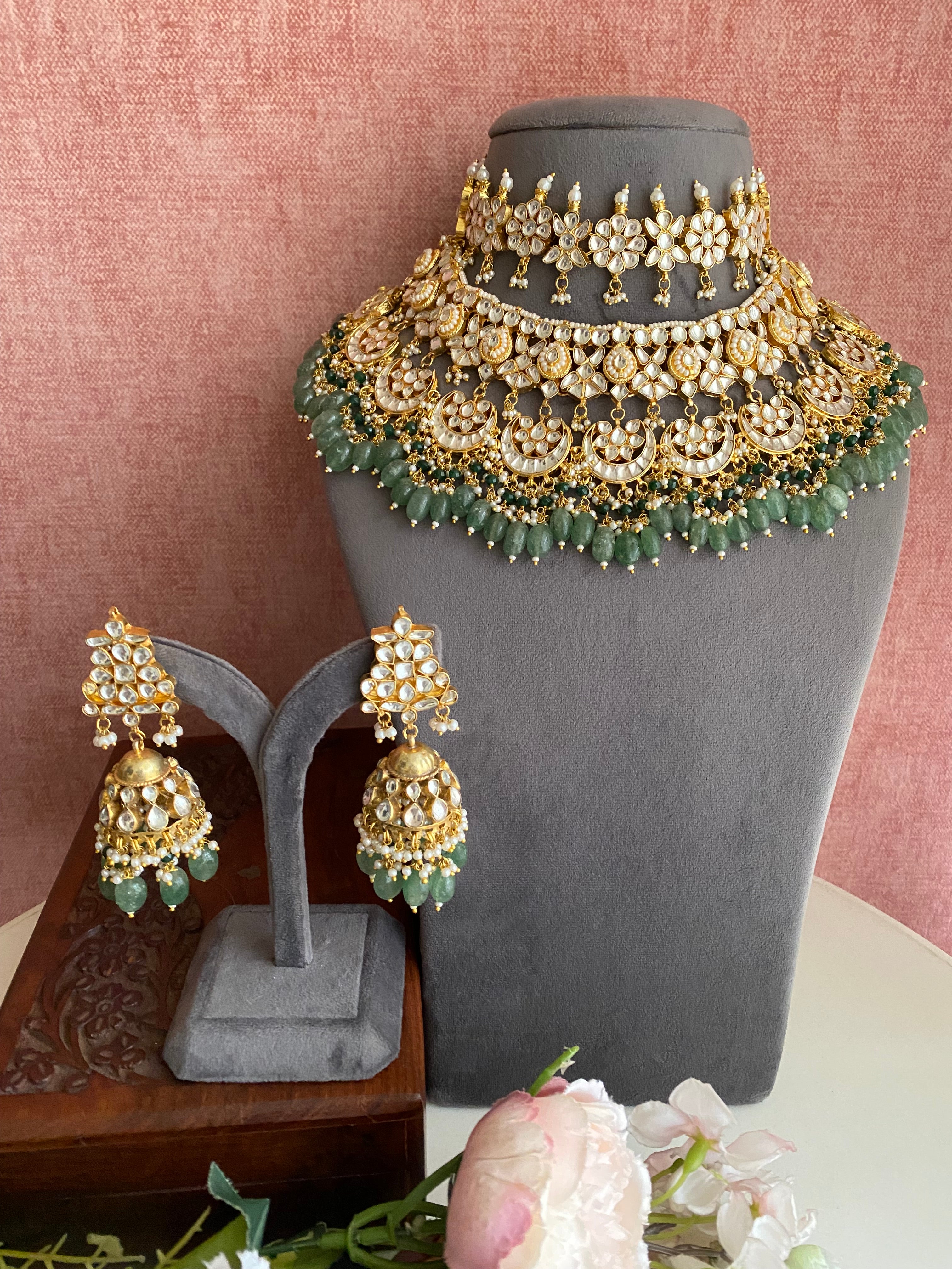 Kundan Choker with Necklace set in mint drops